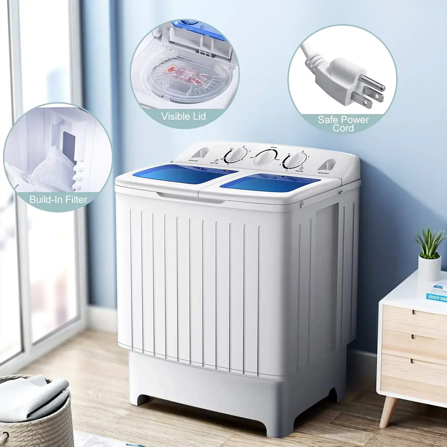 Portable Washing Machine, 13/20/26lbs Mini Twin Tub Washing Machine w/Drain Pump, Semi Automatic Compact Washer & Sipnner, Portable Washer Dryer Combo for Apartments Dorms RV Camping