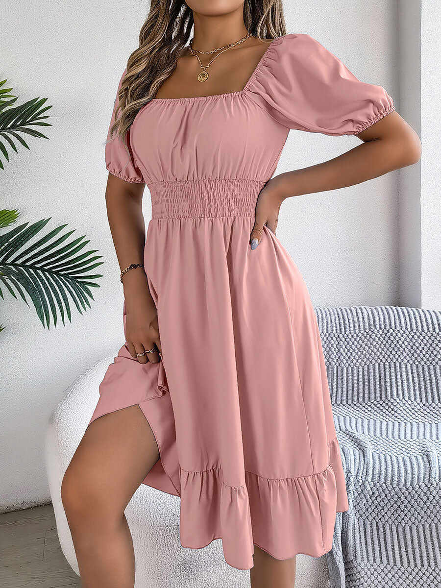 🔥Summer Arrivals🌟Women's Casual Solid Color Square Neck Short Sleeve Dress