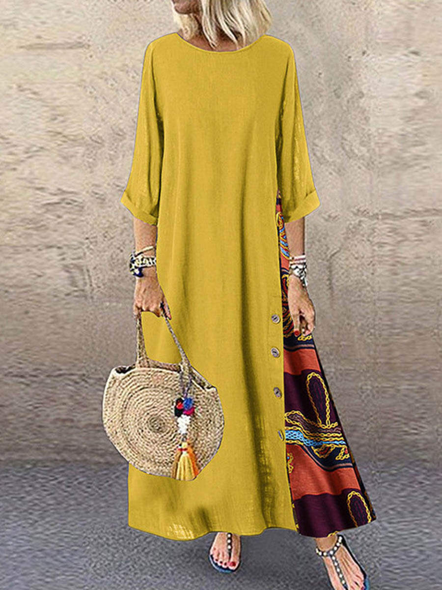 🔥Summer Arrivals🌟Women's Retro Floral Contrast Button Patchwork Cotton And Linen Casual Dress