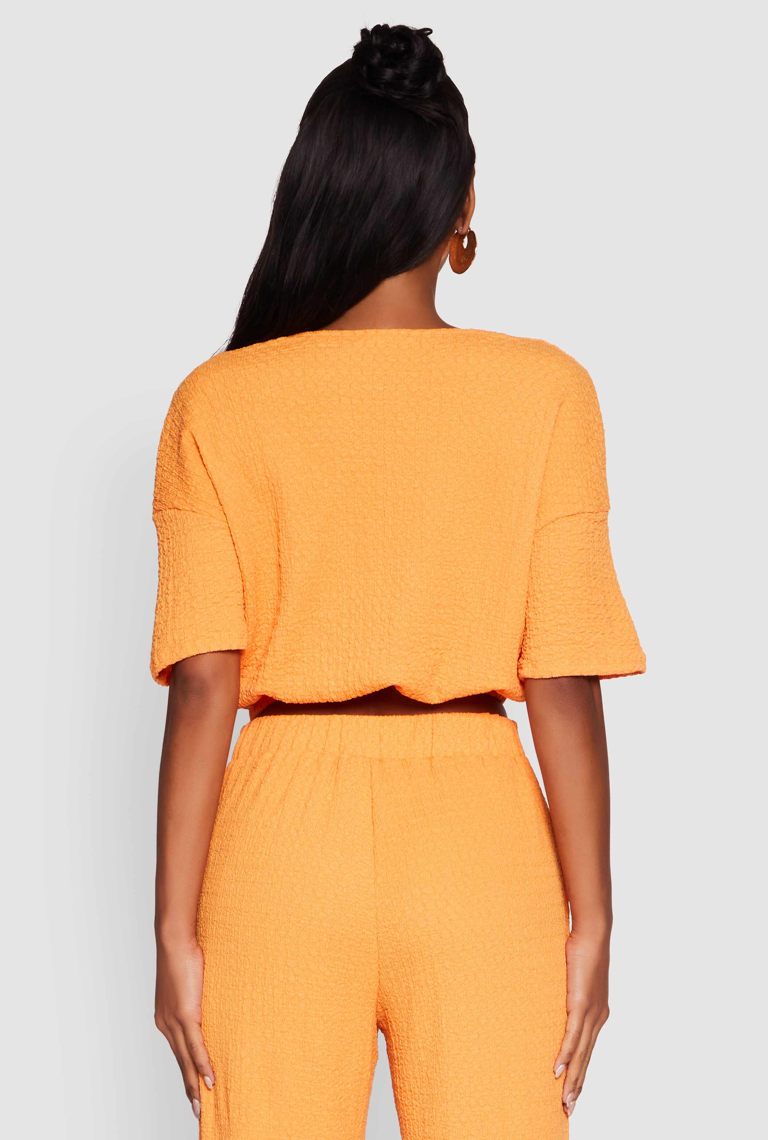 Trendy Textured Knit Button Front V-Neck Blouse