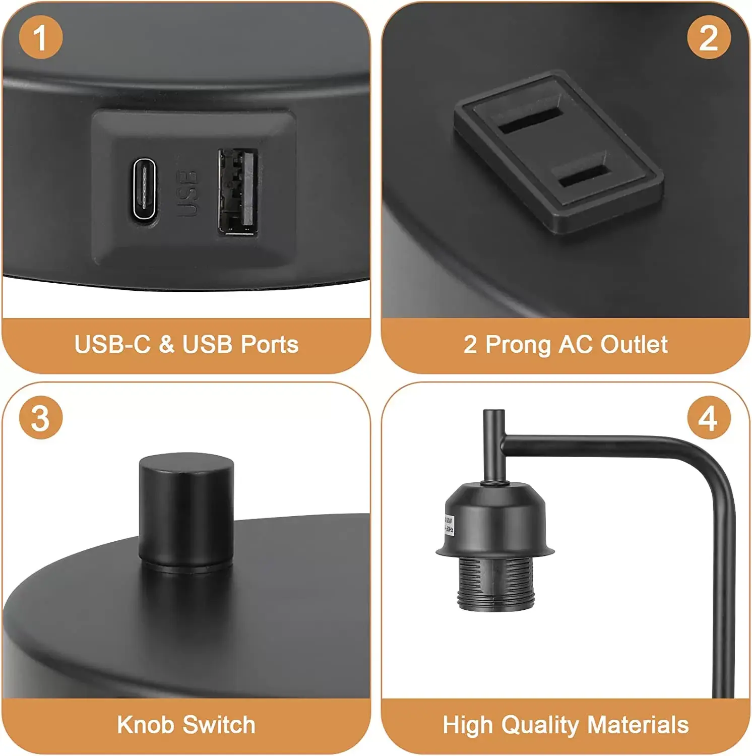 Industrial Bedside Table Lamp for Bedroom - Nightstand Lamps with USB C Charging Port, Fully Dimmable Black Lamps with USB Ports and Outlets, Small Desk Lamp with Glass Shade for Office Living Room