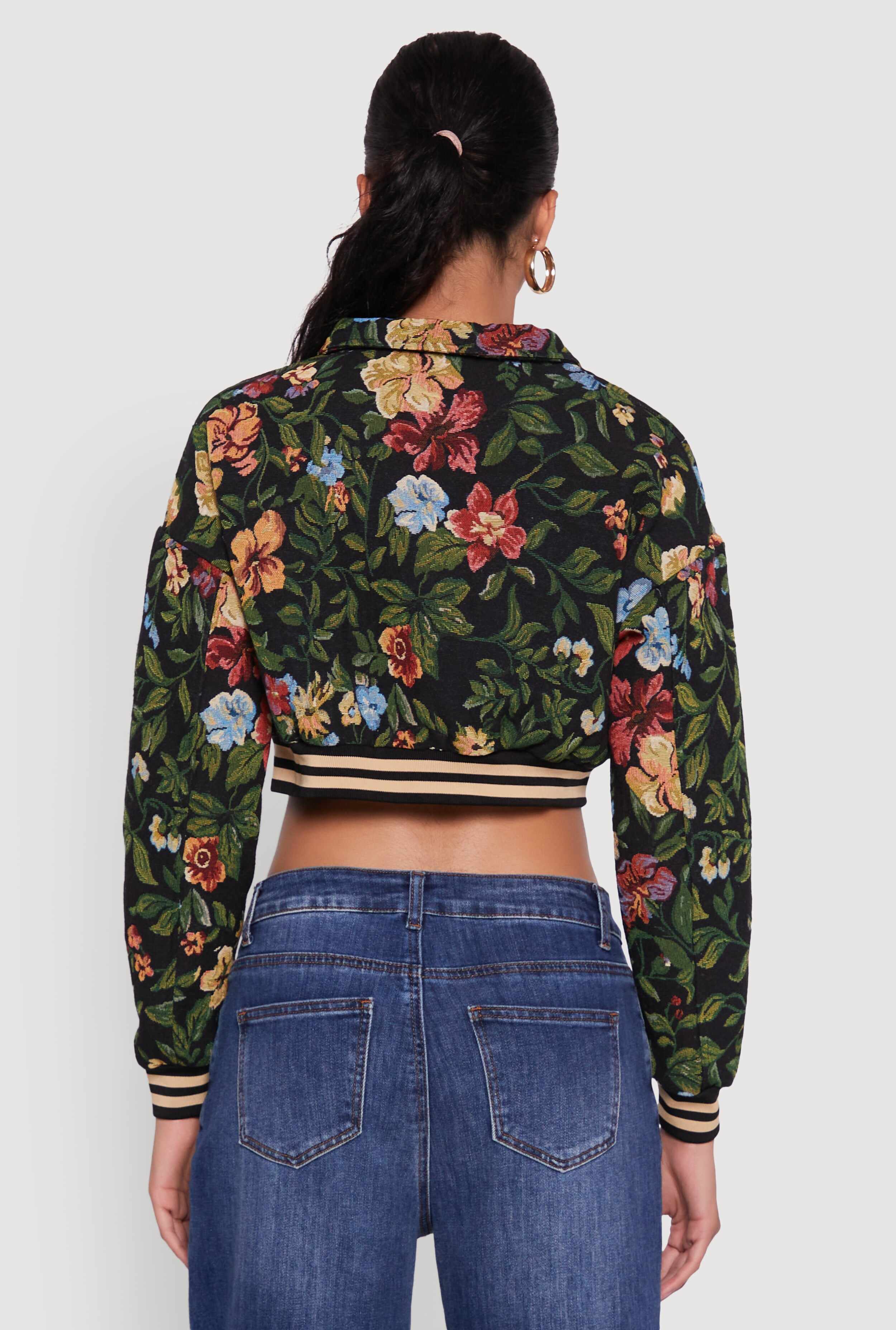 Floral Jacquard Cropped Bomber Jacket