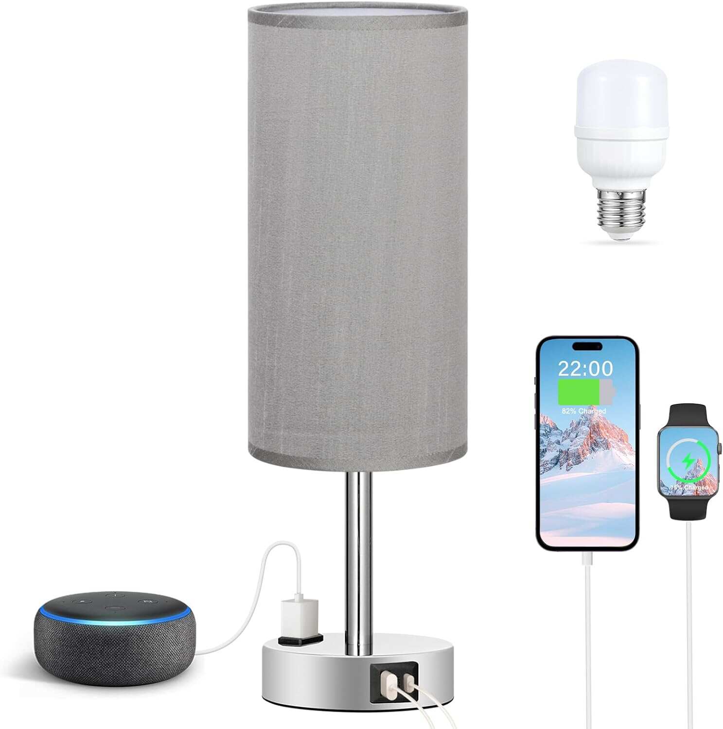 Bedside Table Lamp for Bedroom - 3 Way Dimmable Touch Lamp USB C Charging Ports and AC Outlet, Small Lamp Wood Base Round Flaxen Fabric Shade for Living Room, Desk, LED Bulb Included