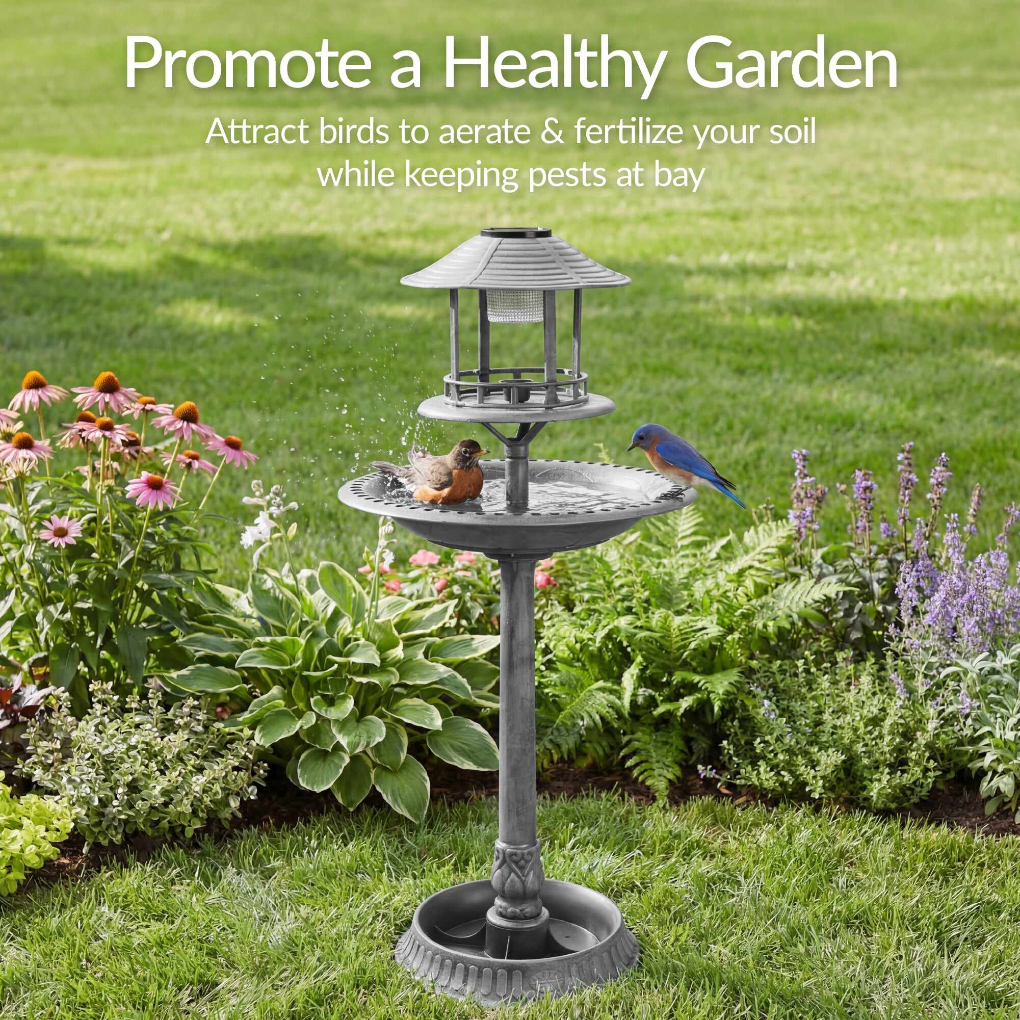 Solar Lighted Outdoor Pedestal Bird Bath w/ Planter, Decorative Bird Cage