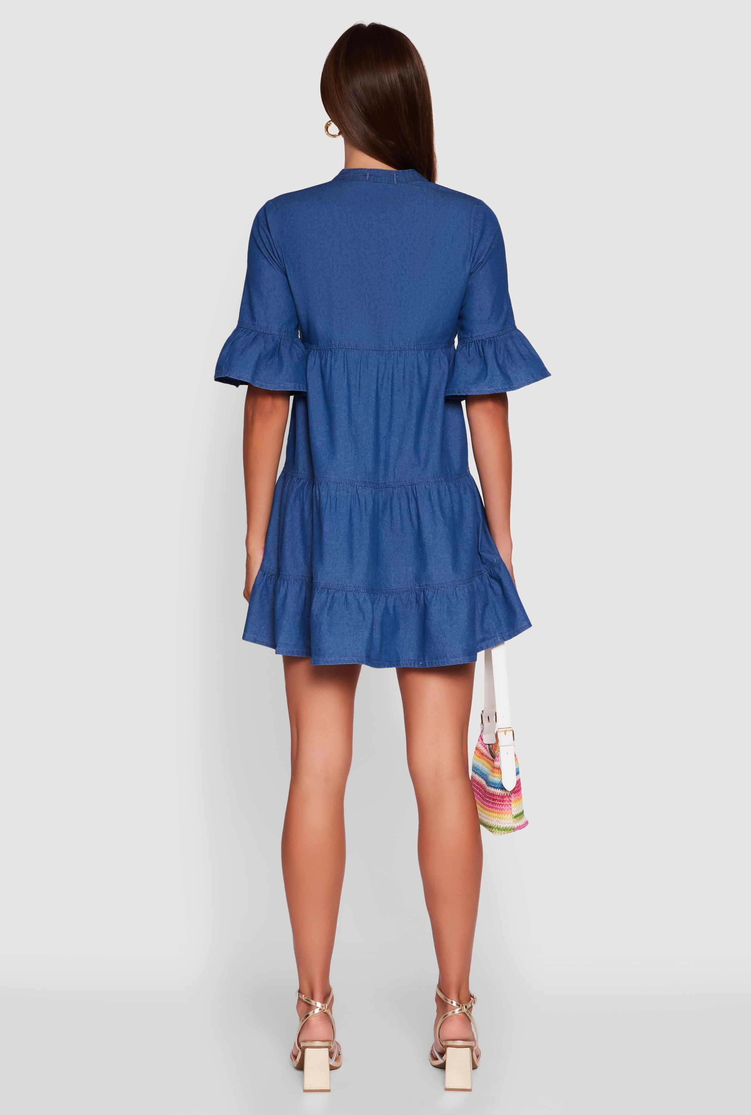 Trendy Denim Button Front Tiered Mini Dress