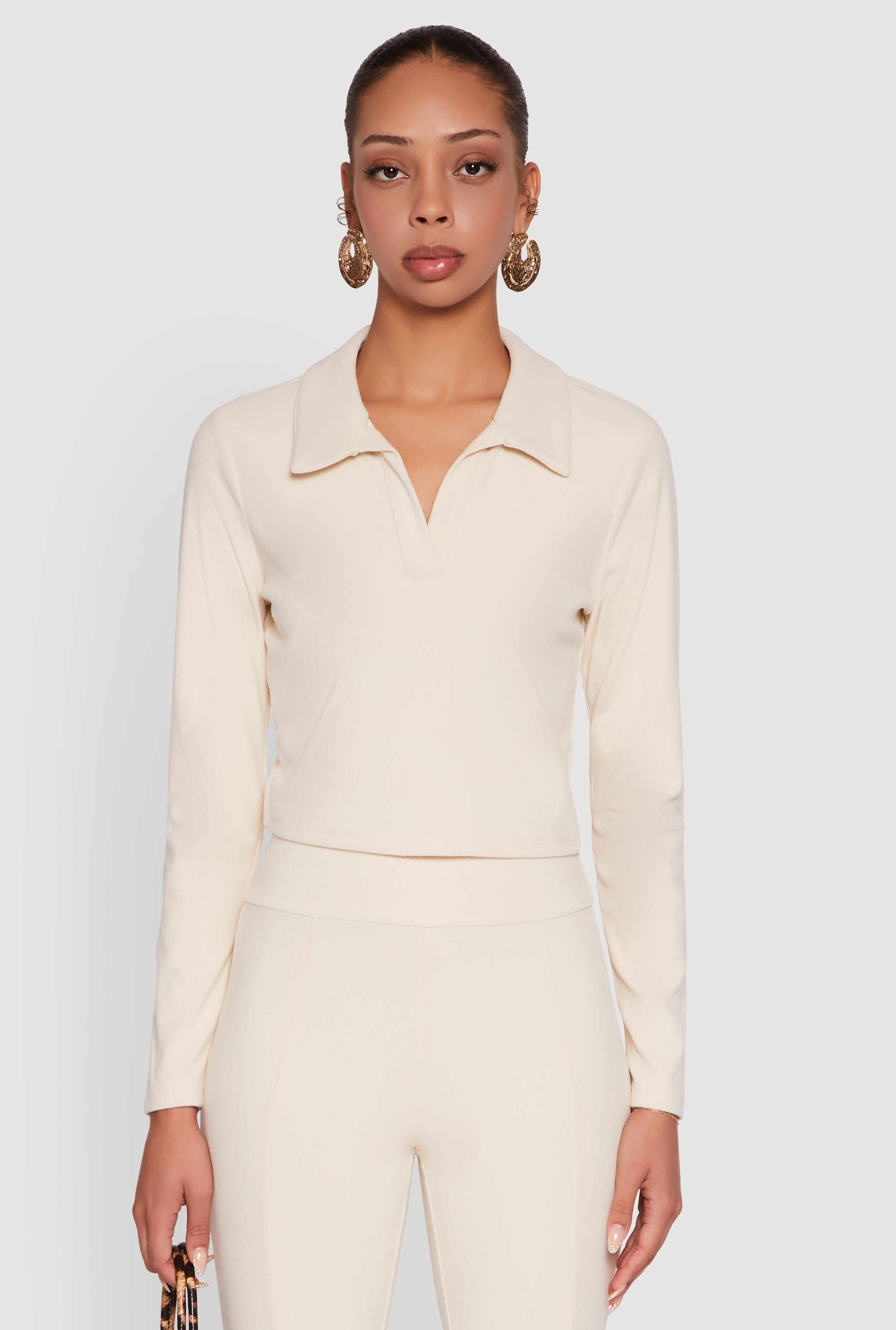 Brushed Knit Cropped Johnny Collar Polo Shirt