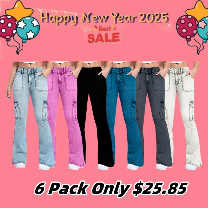 Multi Pocket Double Button Mid Rise Flare Cargo Jeans