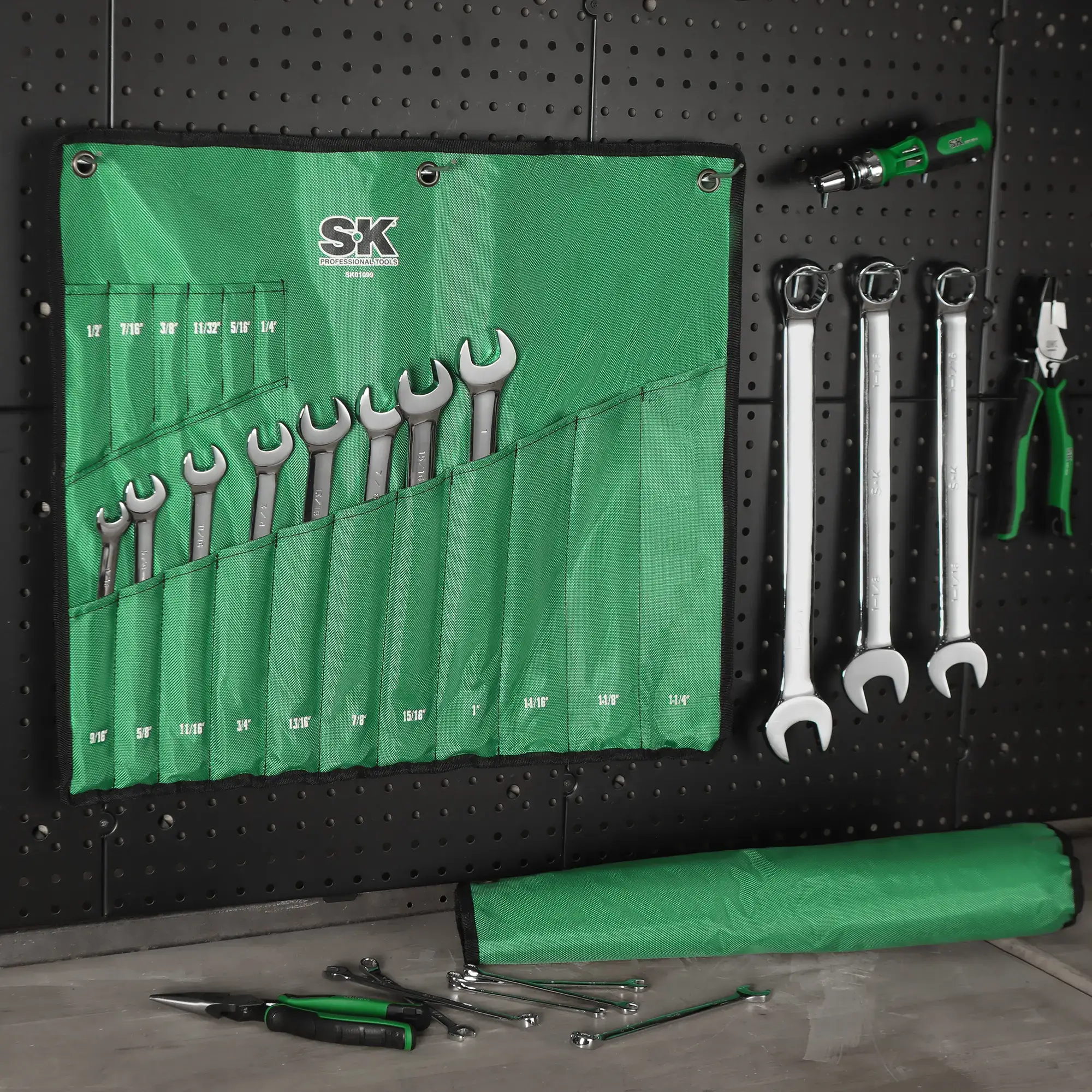 SK Combination Wrench Set, SAE & Metric, Finish, Premium CR-V Construction, with Rolling Pouch