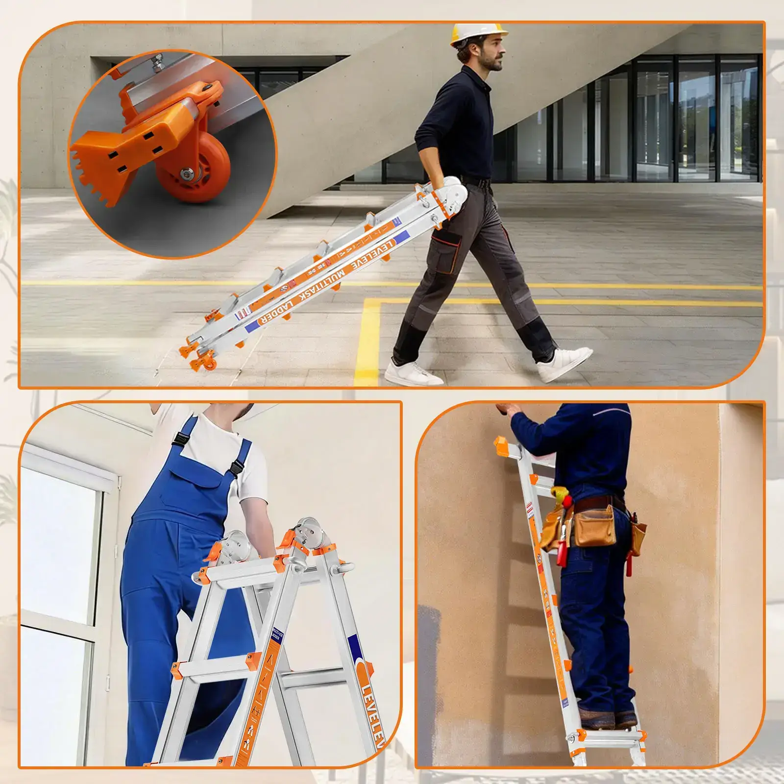 Multi-Position Extension Ladder, A-Frame Step Ladder with Stabilizer Bars, 330LBS Load Capacity, Foldable with Wheels for Home, Outdoor & Roof Work