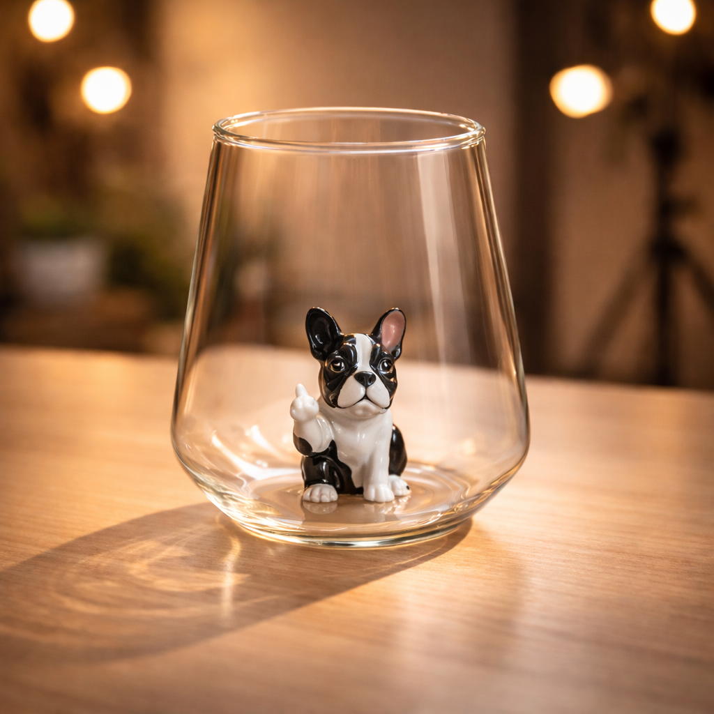 Middle Finger French Bulldog Figurine Glass Cup