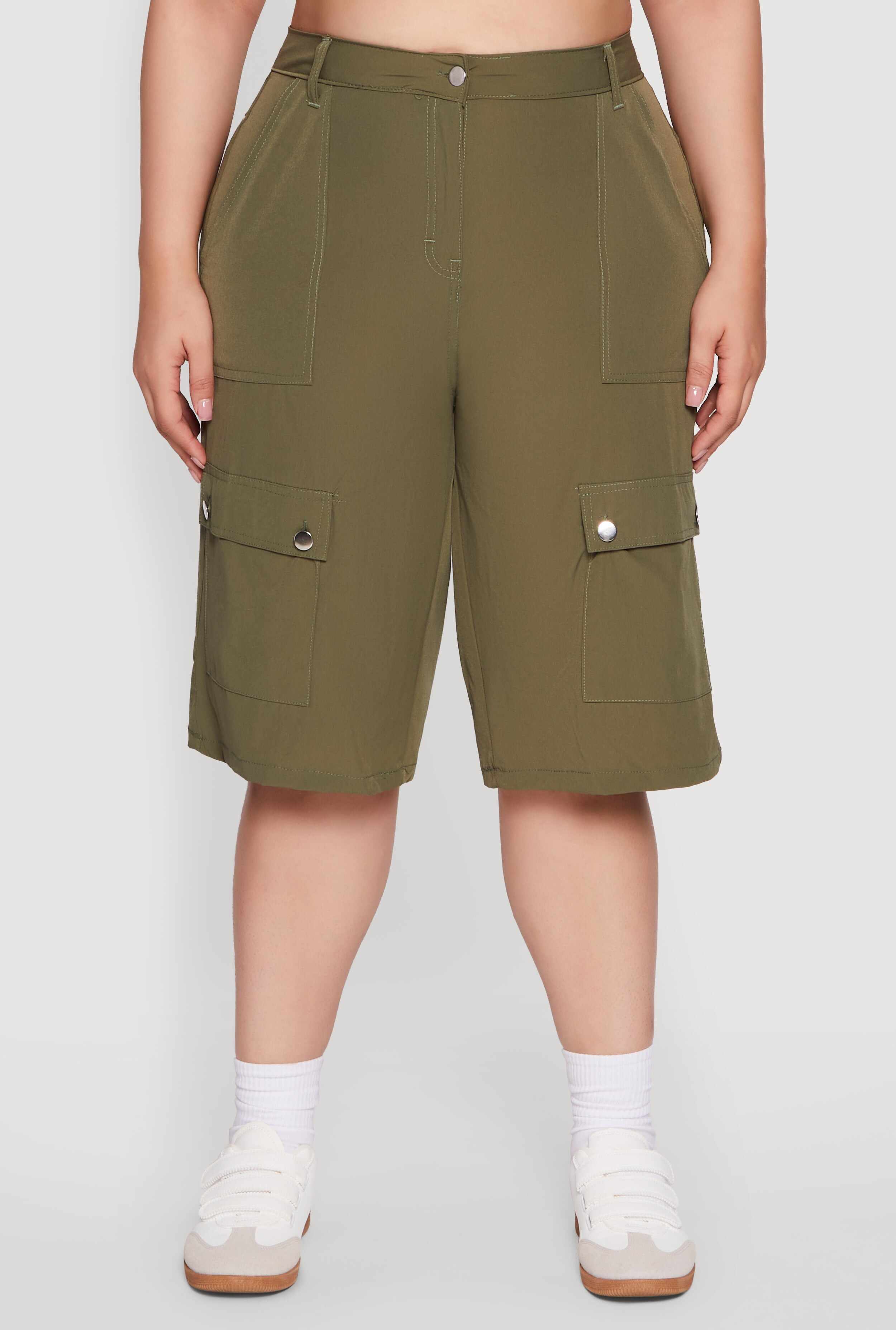 Plus Size High Waisted Solid Nylon Cargo Shorts