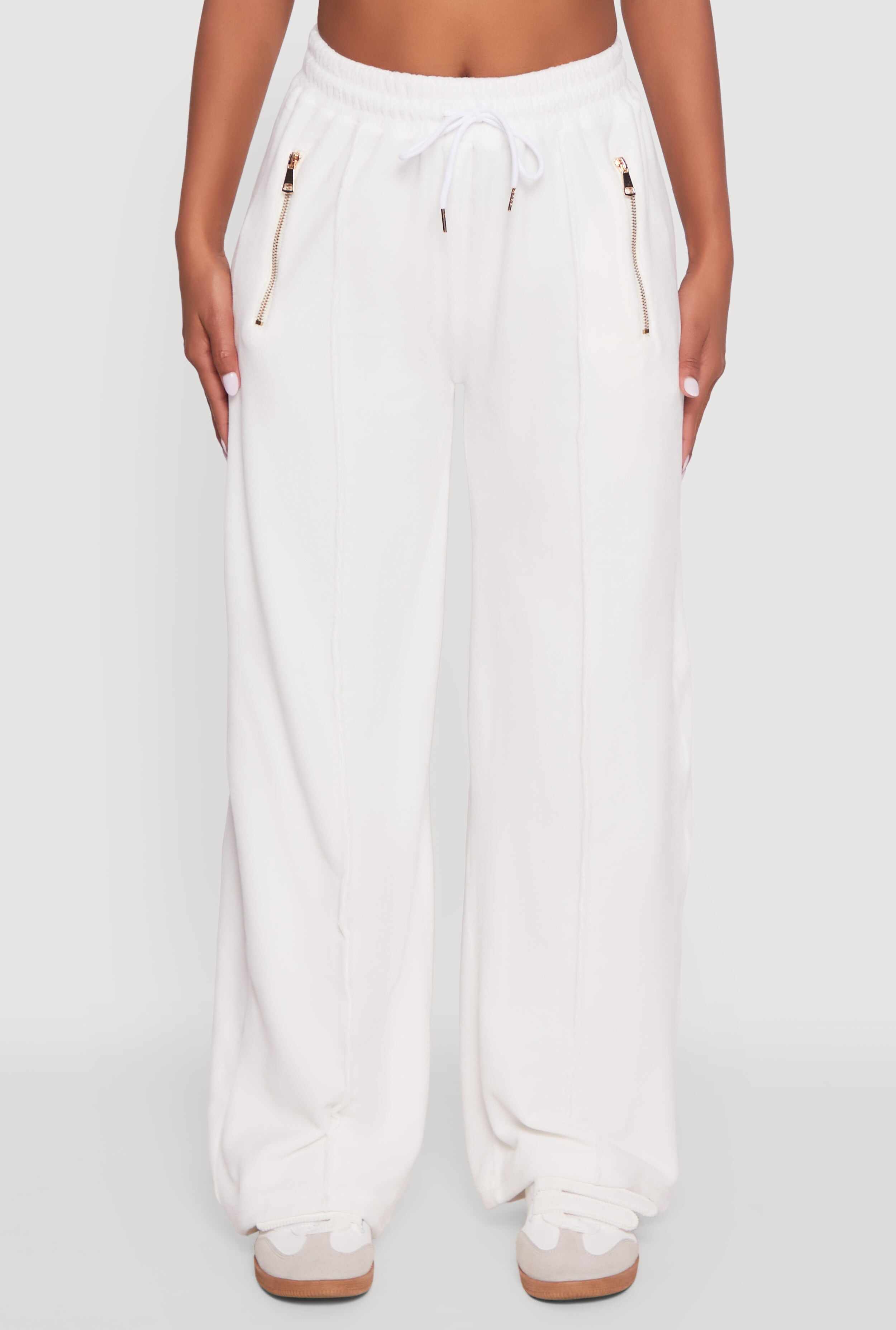 Velour Zip Pocket Drawstring Wide Leg Sweatpants