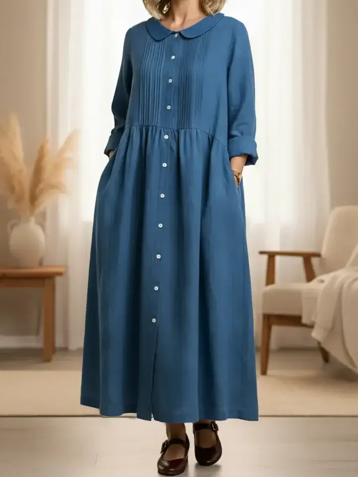 🔥Summer Arrivals🌟Women's Peter Pan Collar Long-sleeved Cotton And Linen Dress