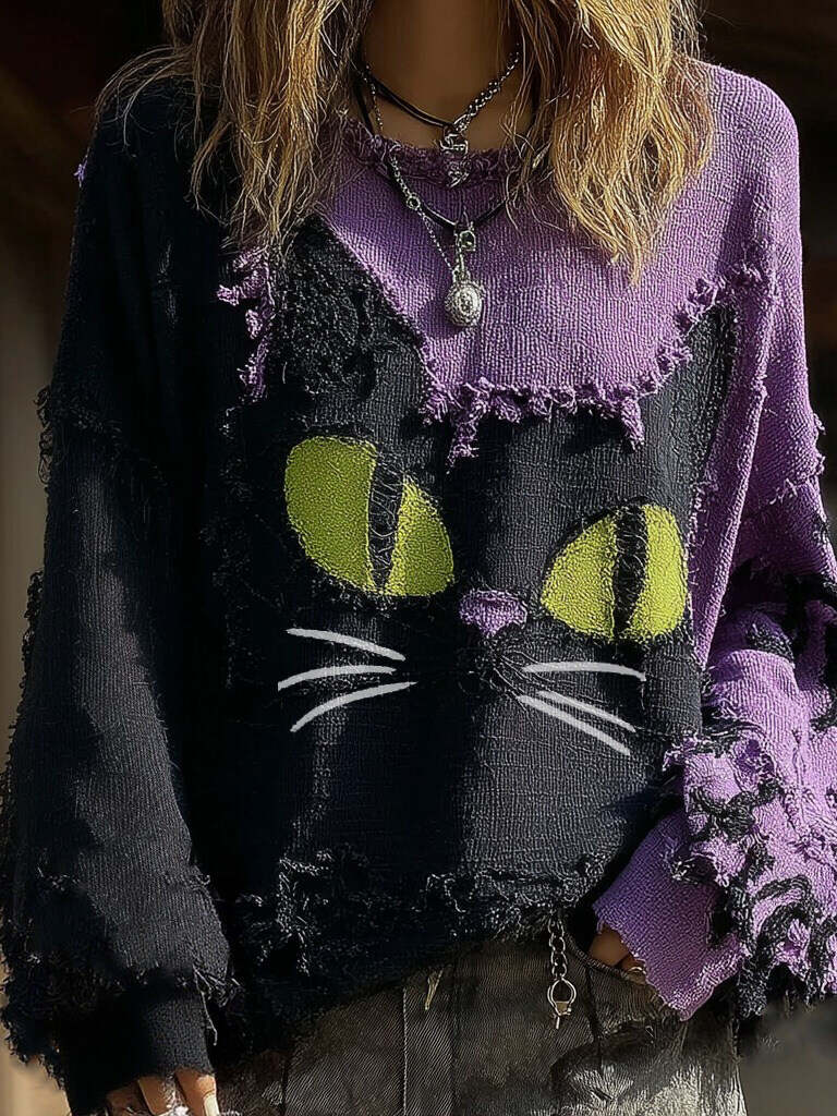 Halloween Black Cat Art Patch Contrast Color Crew Neck Sweatshirt