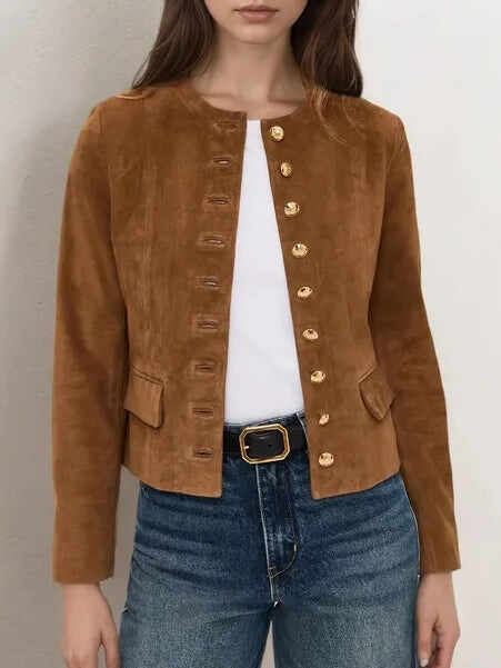 Brown Suede Single-breasted Cropped Jacket