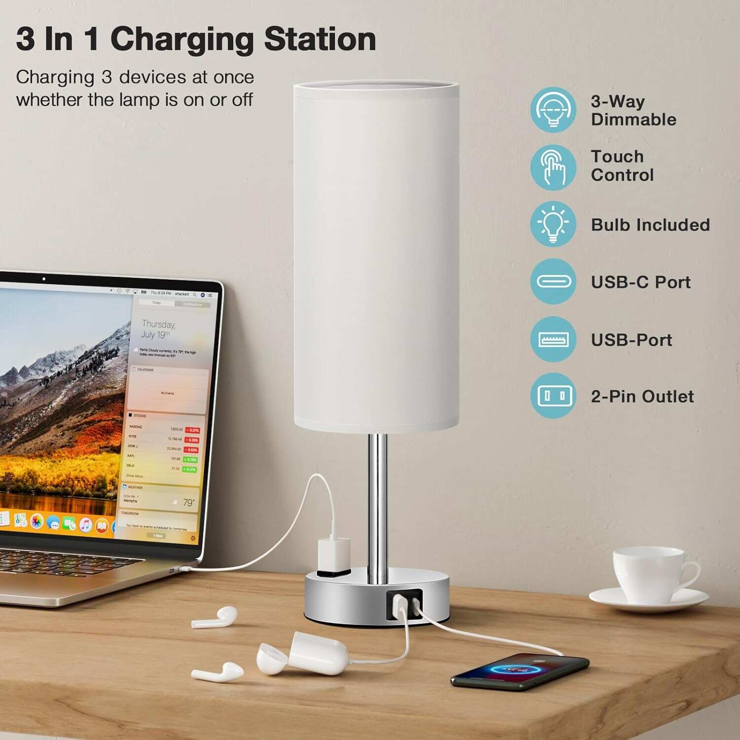 Bedside Table Lamp for Bedroom - 3 Way Dimmable Touch Lamp USB C Charging Ports and AC Outlet, Small Lamp Wood Base Round Flaxen Fabric Shade for Living Room, Desk, LED Bulb Included