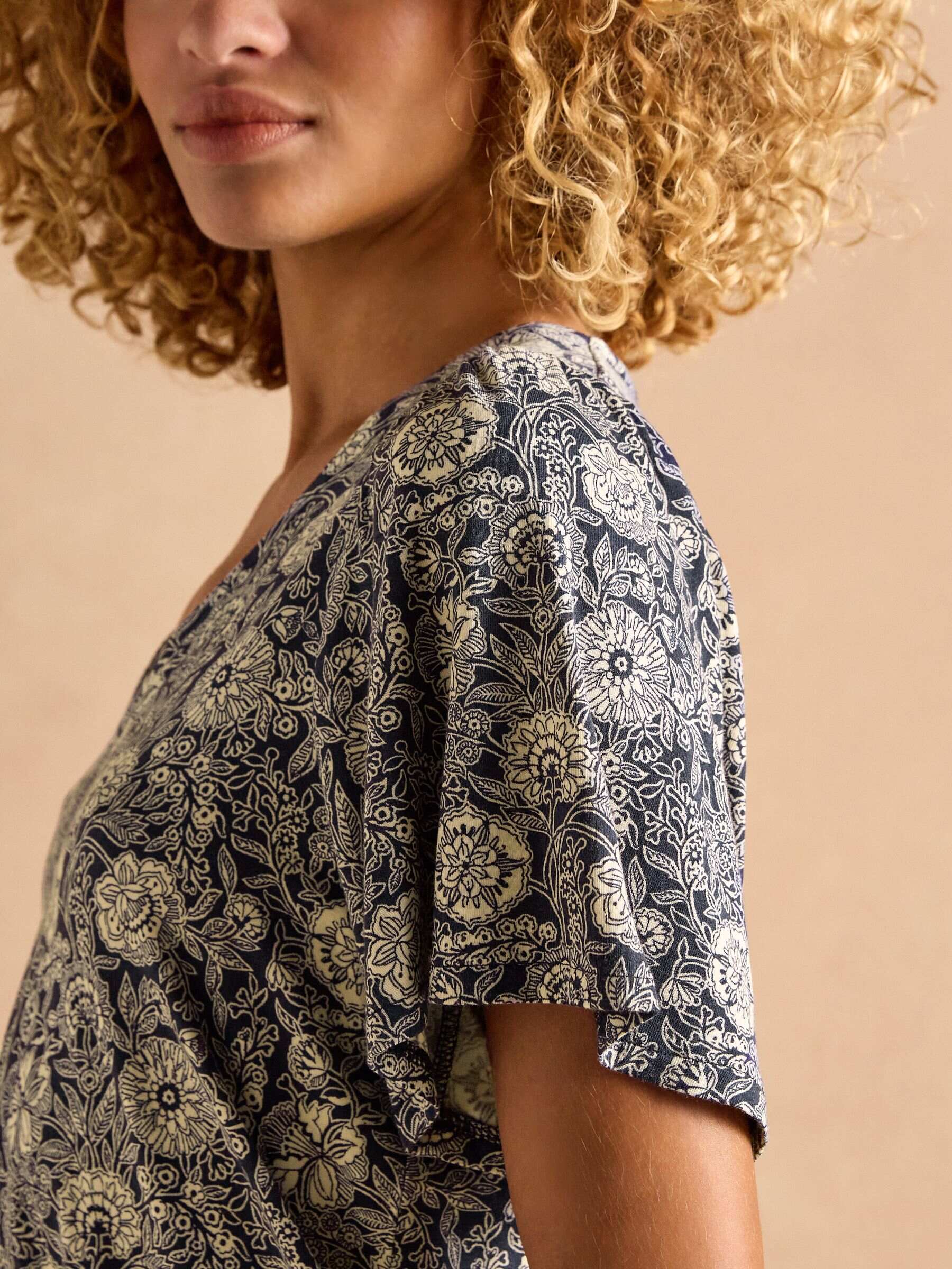 Nia Navy Pleat Front Jersey Top