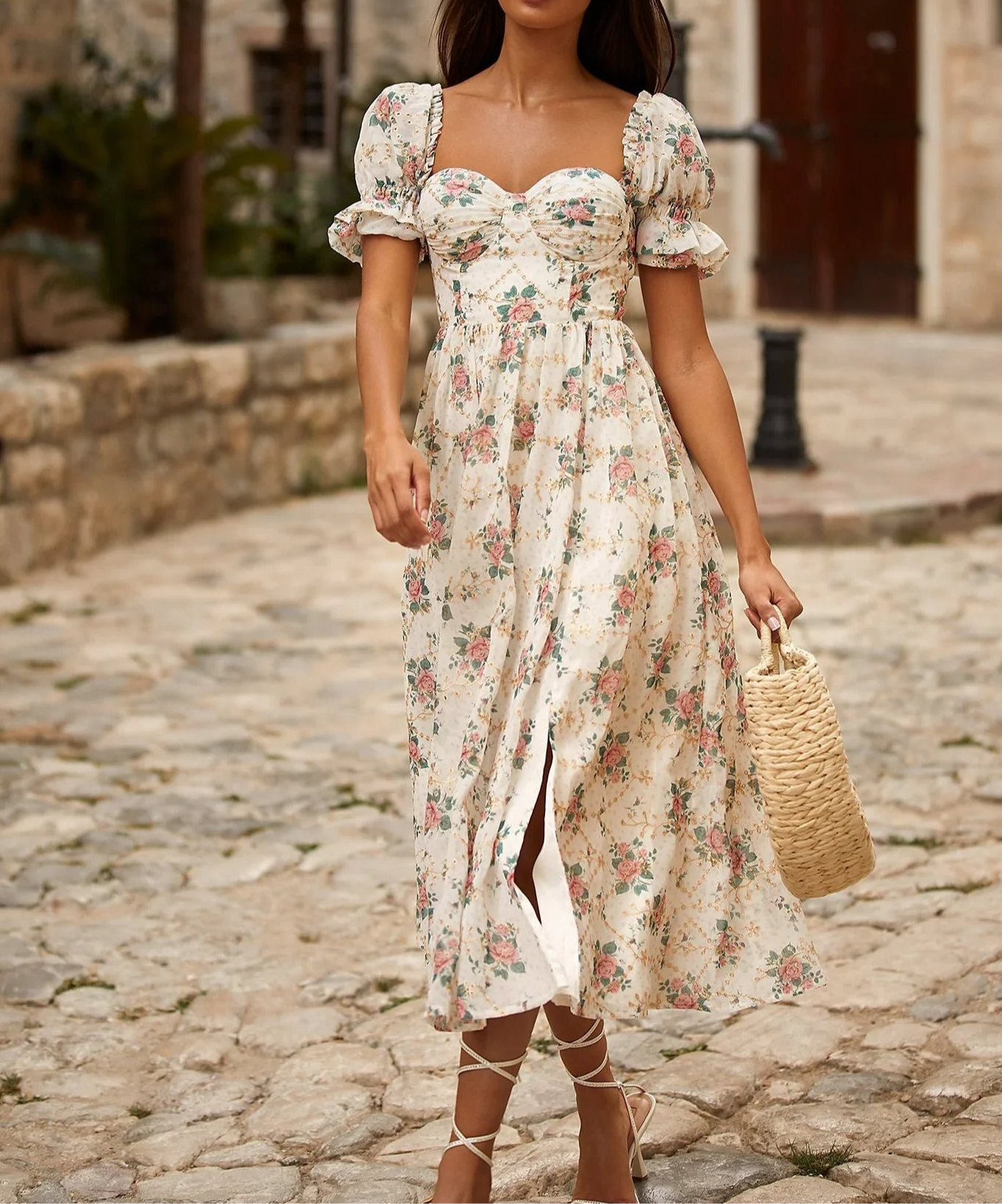 Floral Puff Sleeve Corset Backless Lace Up Slit Midi Dress