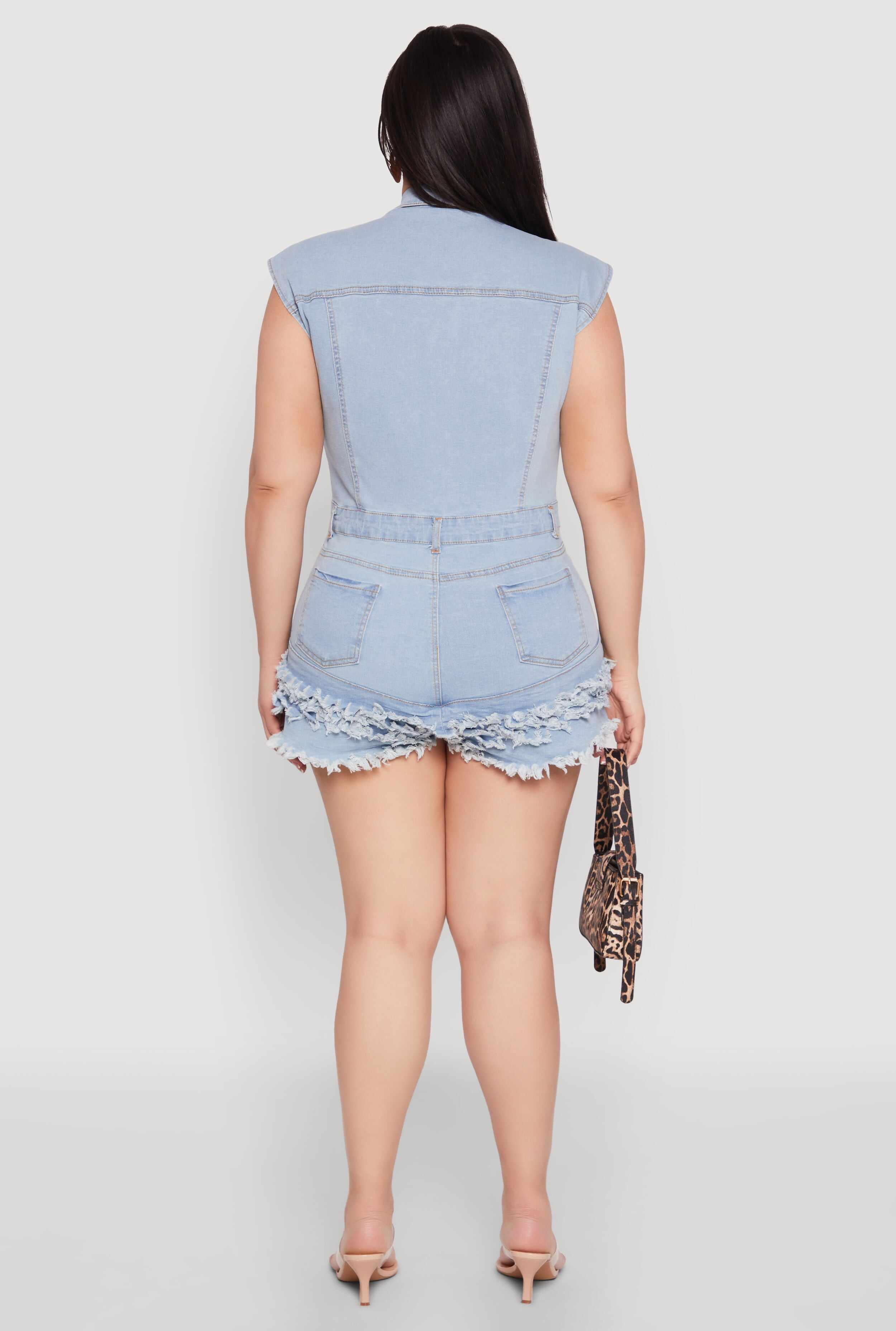 Plus Size Daisy Frayed Tiered Hem Denim Romper