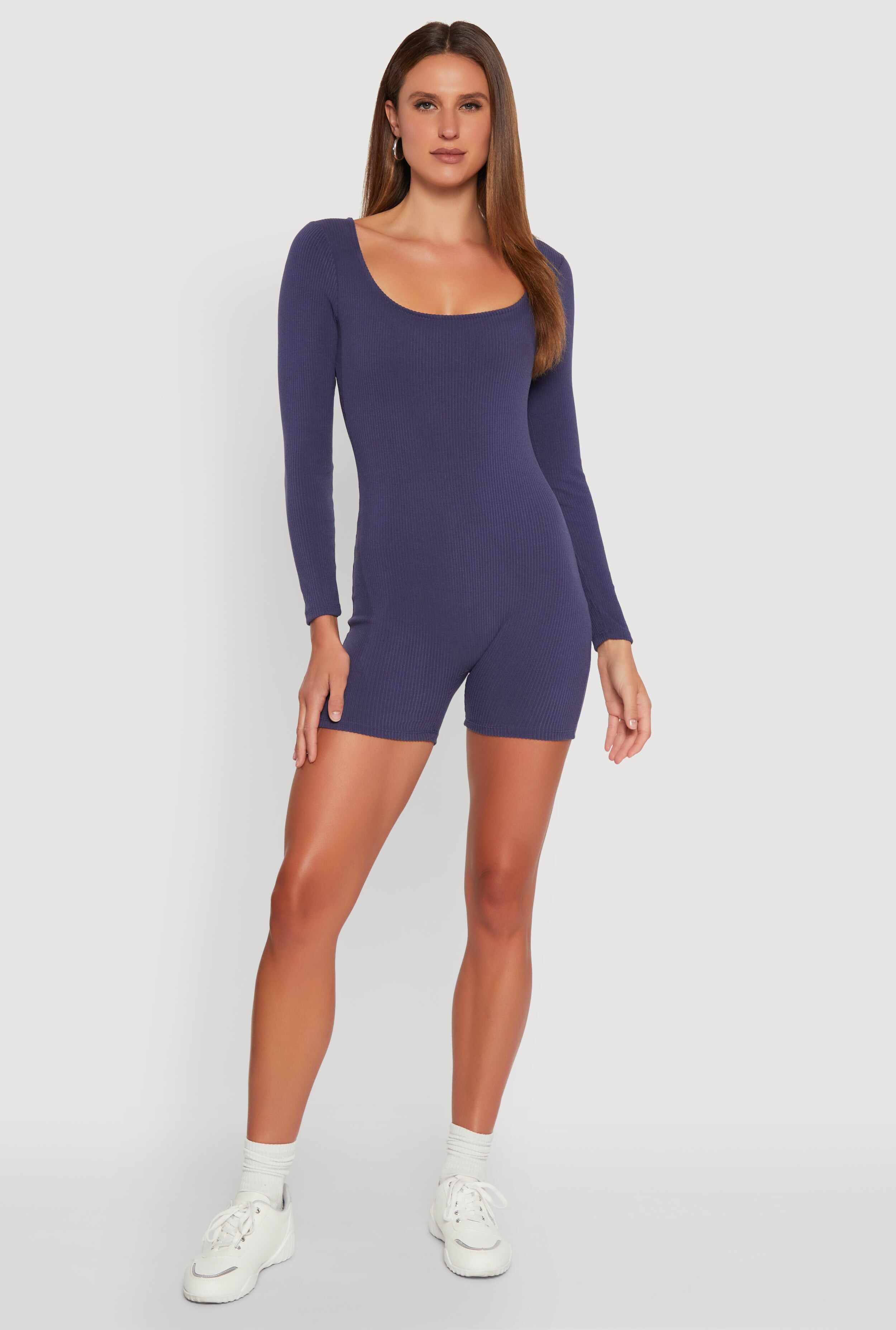 Brushed Rib Knit Long Sleeve Square Neck Catsuit