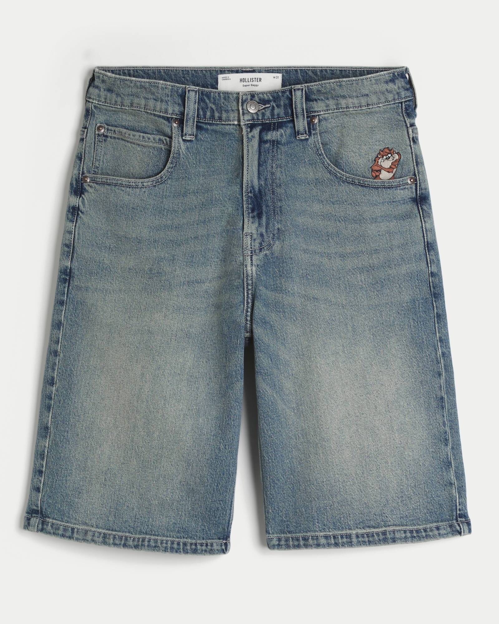 Washed Black Cat Graphic Super Baggy Denim Shorts