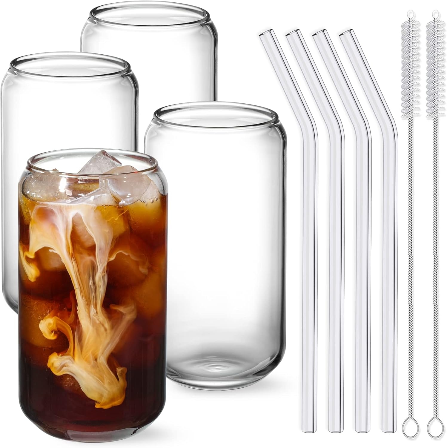 NETANY Drinking Cup with Glass Straw Set - 4-piece - 16 ounces (approx. 453.6 grams) tall ball glass cup, beer cup, iced coffee cup, cute glass cup, perfect for whisky, soda water, tea, water, gift, 2 brushes