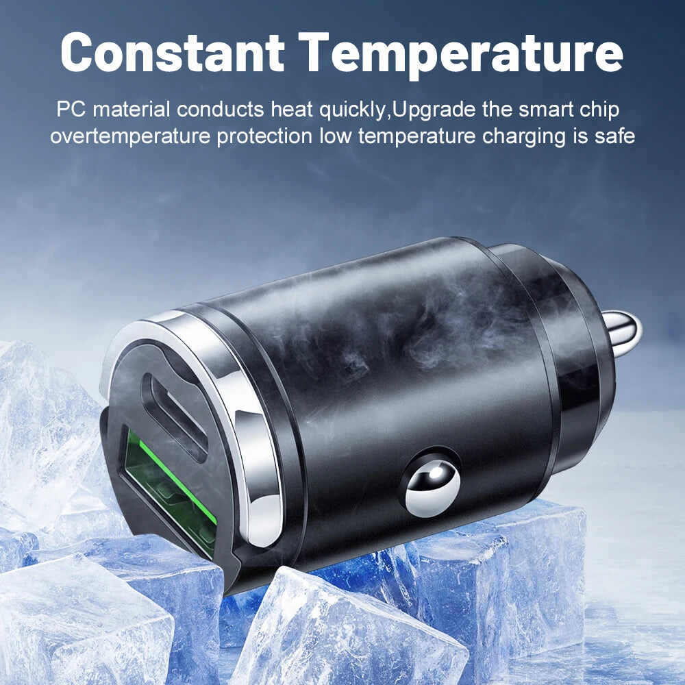 100W Mini Pull Ring Car Charger - Dual USB-C & QC 3.0 Fast Charging