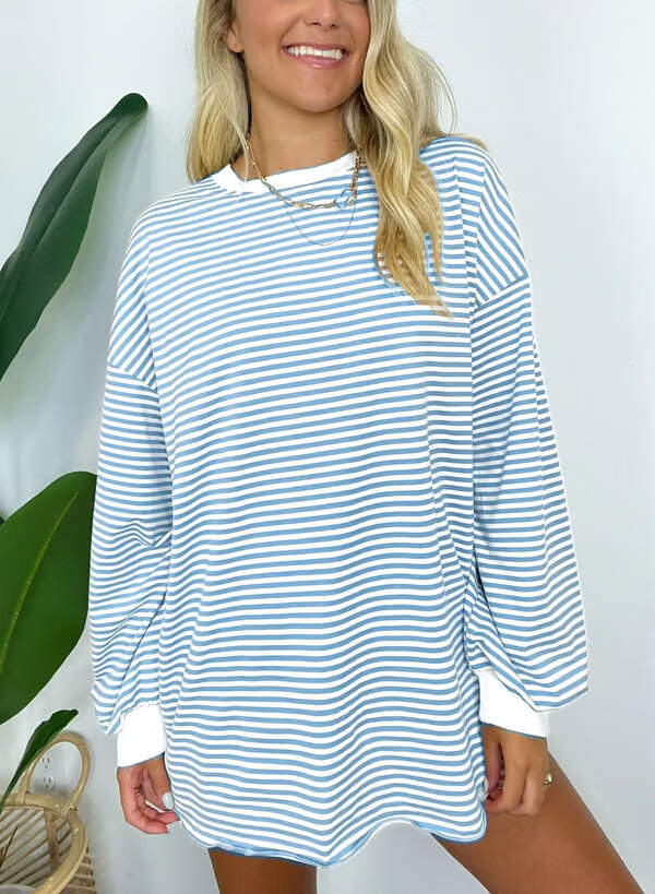 🔥Summer Arrivals🌟🌈Women's Casual Striped Crewneck Oversized Pullover
