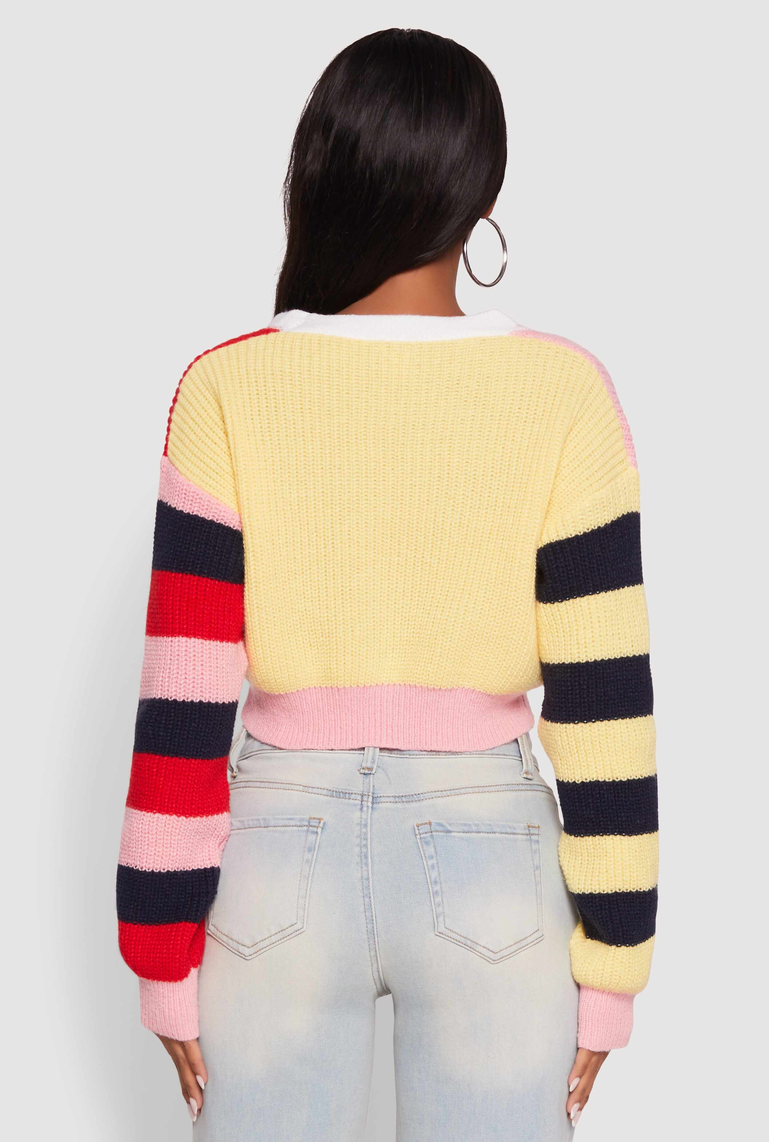 Daisy Color Block Patch Cropped Button Front Cardigan