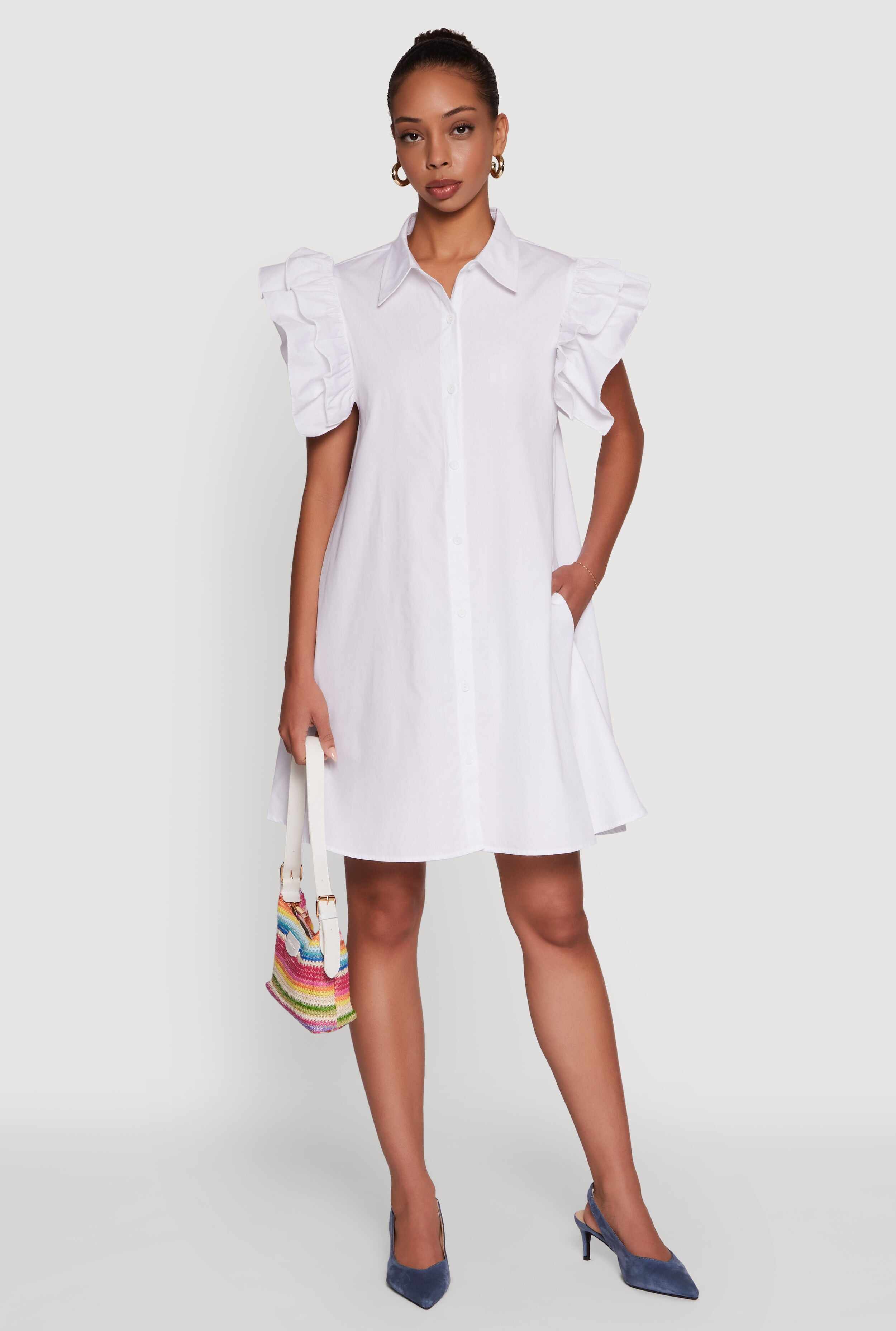 Poplin Button Front Flutter Sleeve Dress