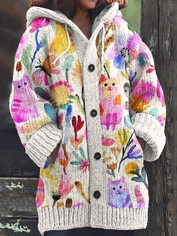 Women's Colorful Floral And Cat Art Hooded Cardigan Sweater
