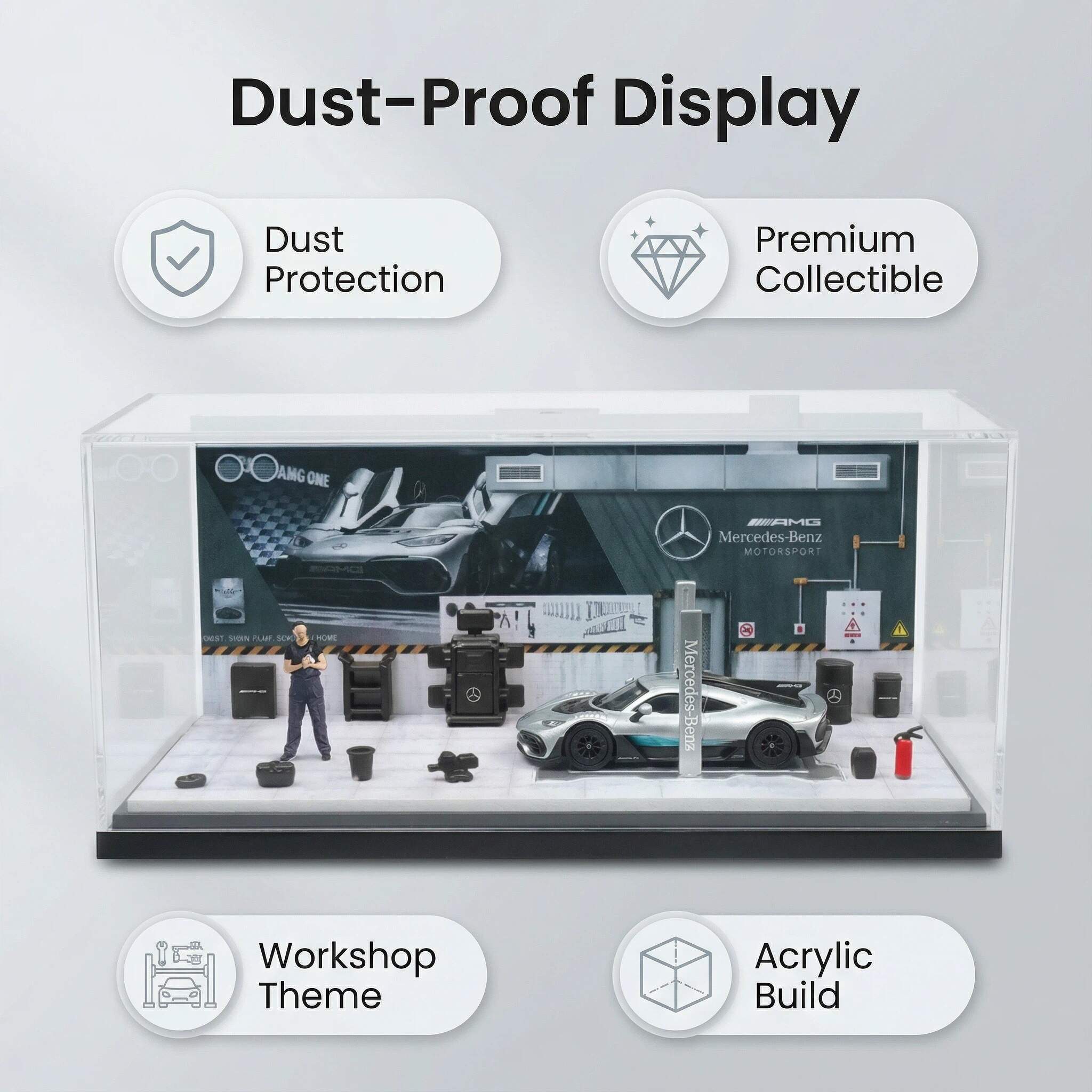 1:64 Scale Motorsport Workshop Diorama Display Case – Racing Garage Scene for Diecast Cars