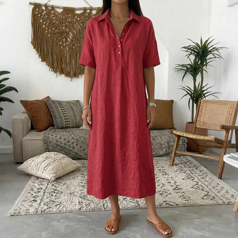 Cardydony Women's Solid Color Lapel Linen Blend Shirt Midi Dress