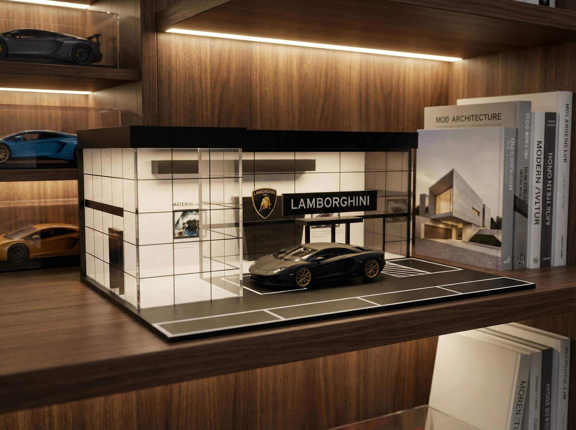 1:64 Scale Supercar Showroom Diorama Display Case – Modern Dealership Scene for Diecast Cars