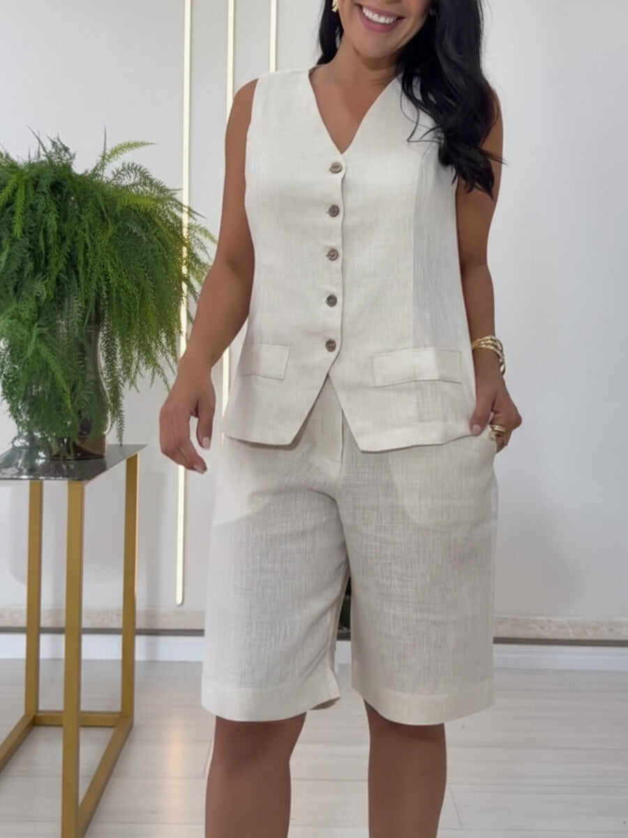 🔥Summer Arrivals🌟Casual Linen And Cotton Vest And Bermuda Shorts Two-piece Set