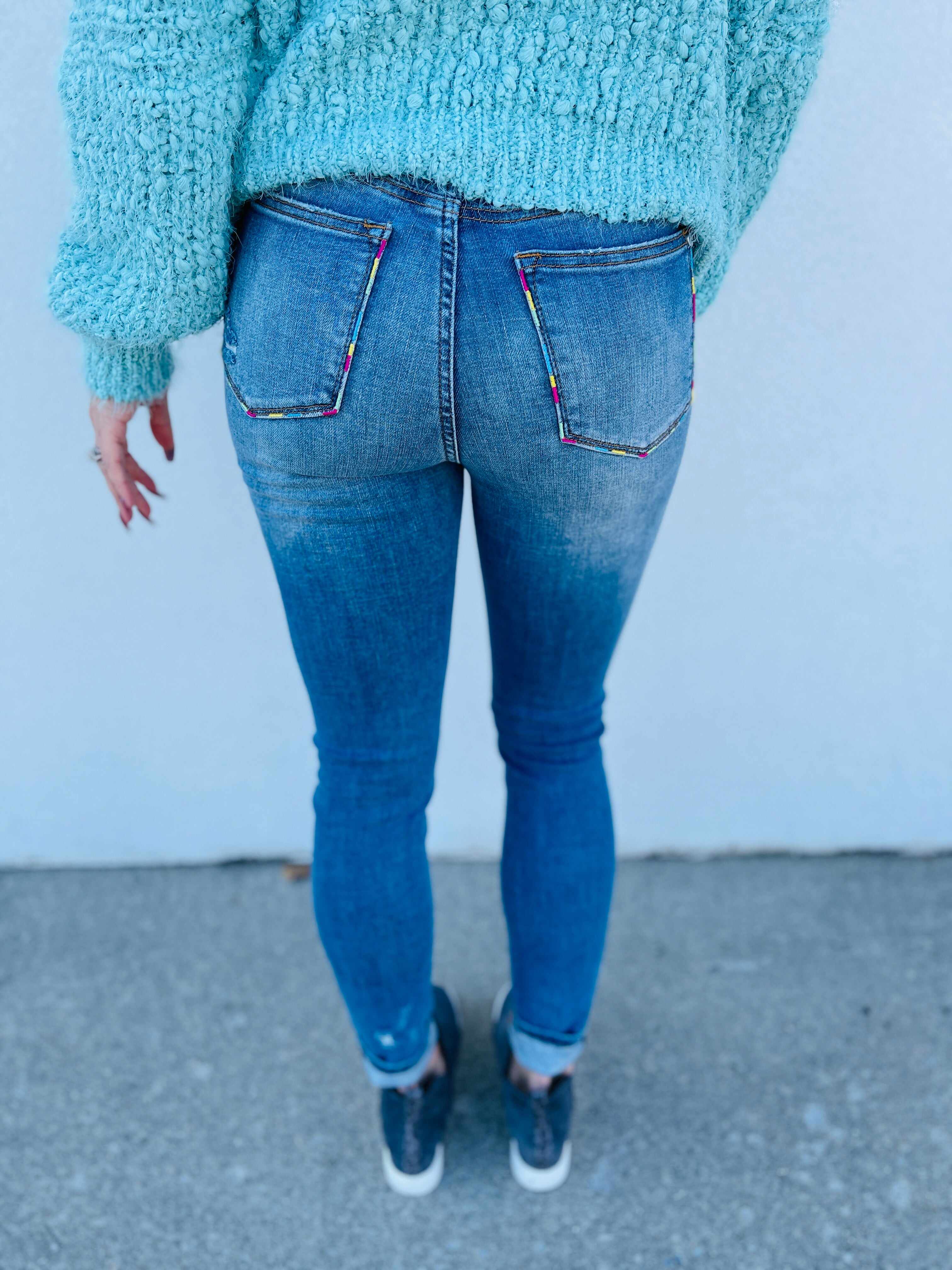 PLUS/REG Double Rainbow Embroidered Pocket Skinny Jeans