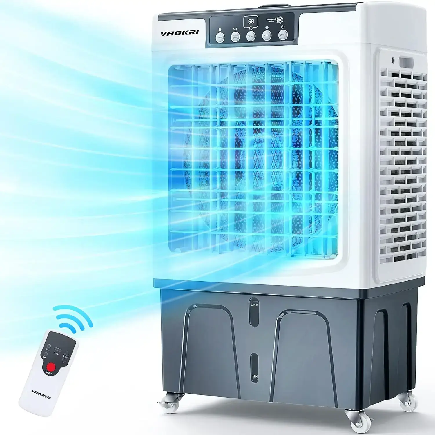 Air Cooler, VAGKRI 2800CFM-3100CFM Swamp Cooler, 120°Oscillation Air Cooler with Remote Control, 24H Timer, 3 Modes & Wind Speeds for Outdoor Indoor Use, 9.2Gallon