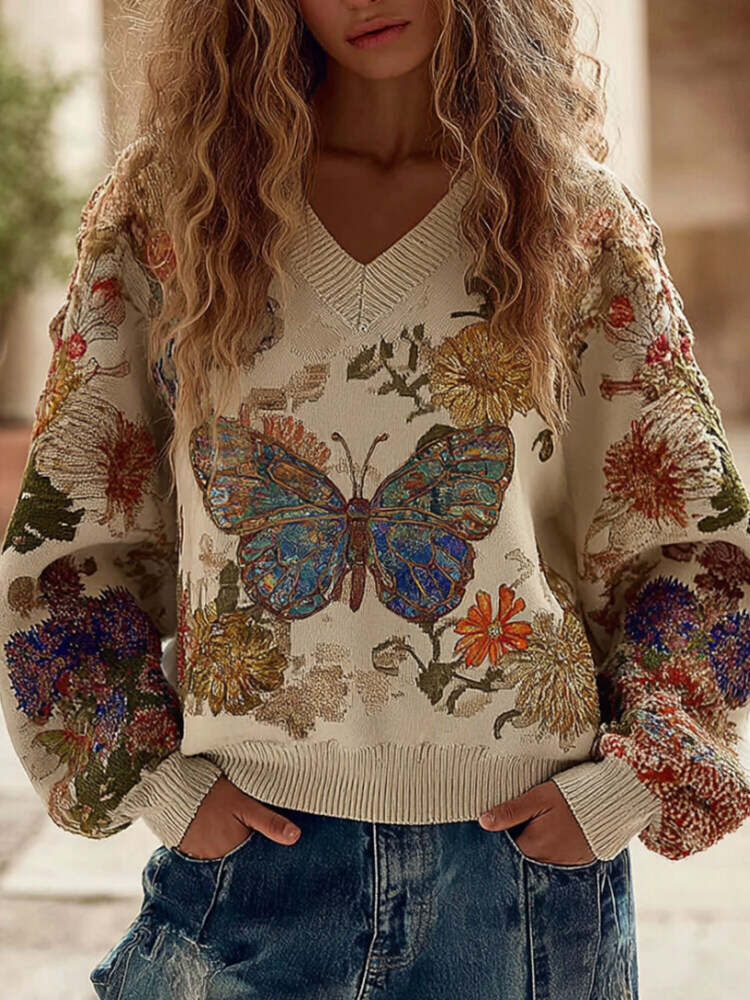 Women's Vintage Retro Casual Butterfly Floral Sweater