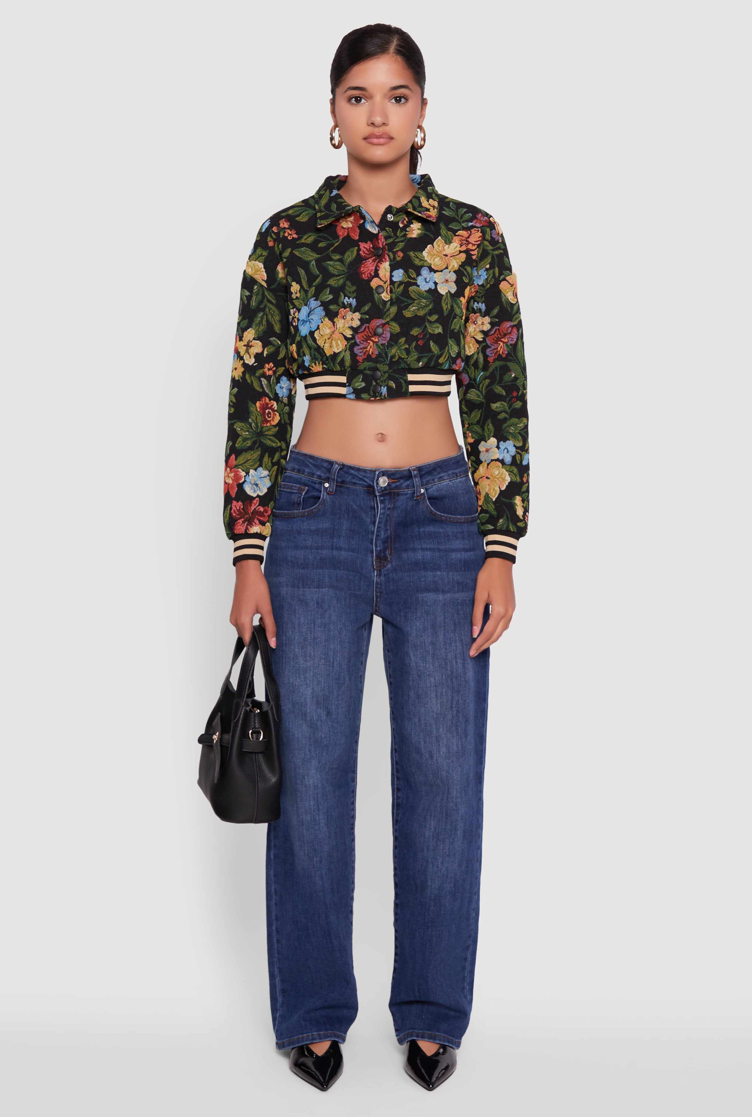 Floral Jacquard Cropped Bomber Jacket