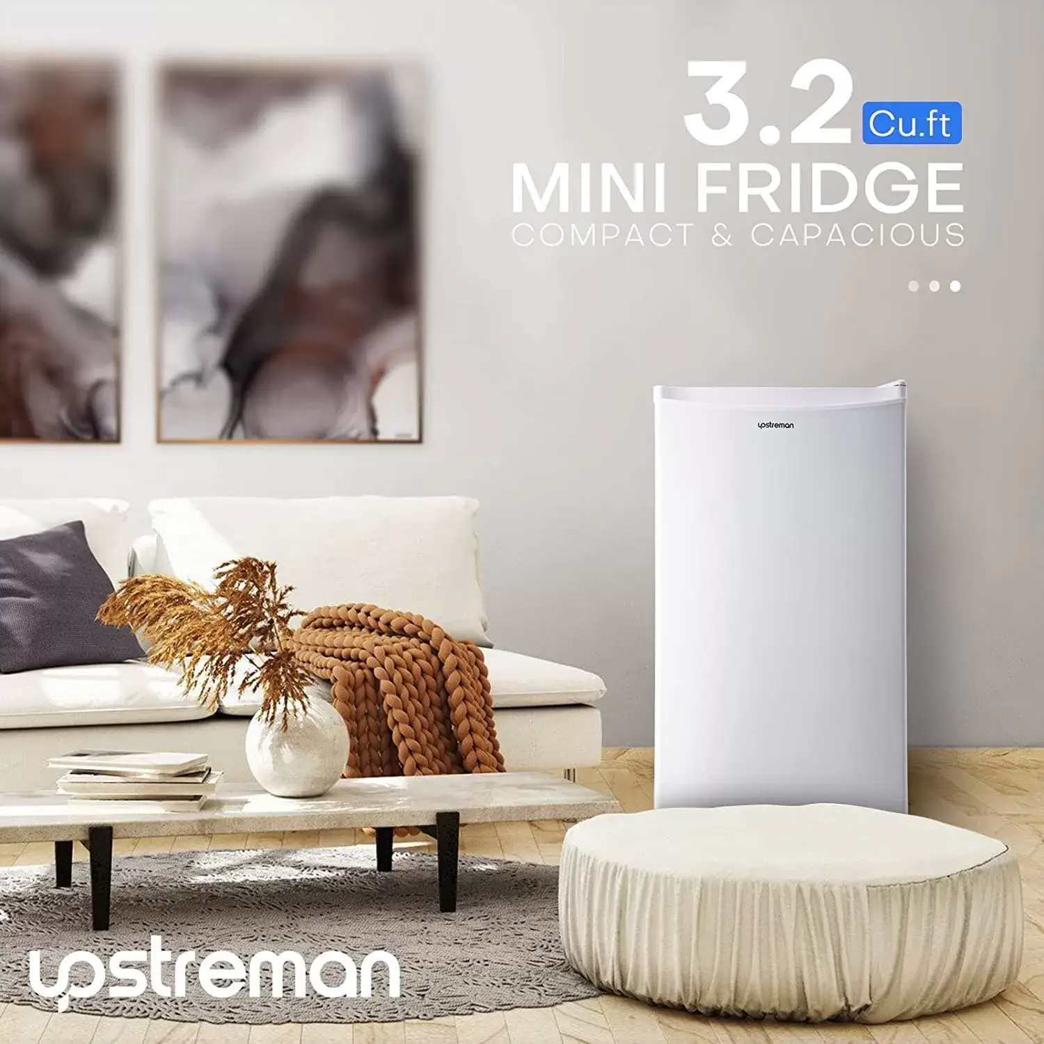 Upstreman 3.2 Cu.Ft Mini Fridge with Freezer, Single Door, Adjustable Thermostat, Refrigerator for Dorm, Office, Bedroom, Black-BR321