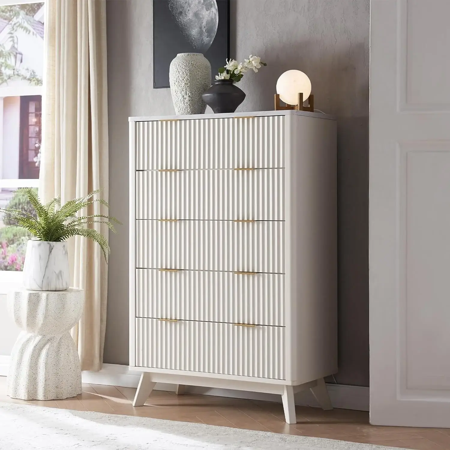 Modern Fluted 5 Drawers Dresser, Chest of Drawers, Dresser TV Stand