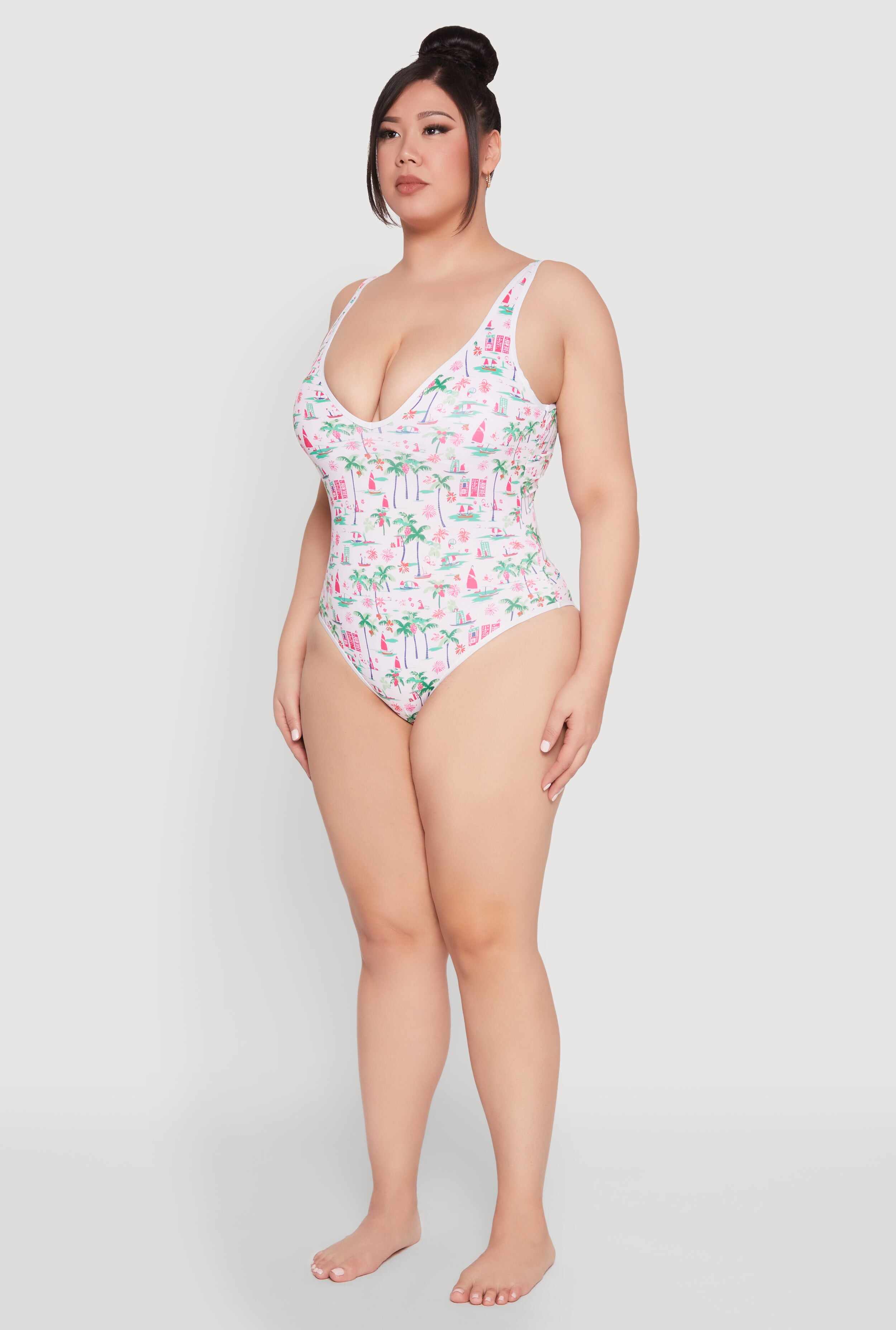 Plus Size Palm Tree Tropical Print One Piece Swimsuit
