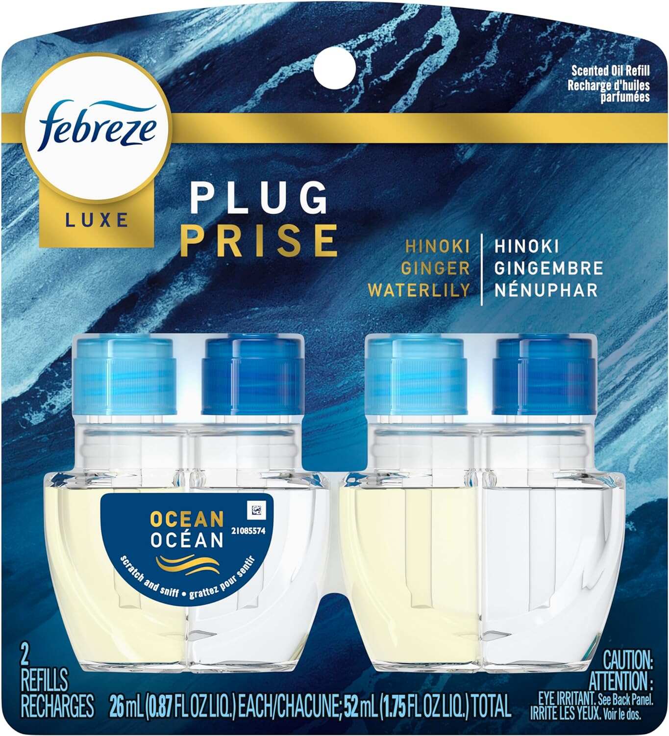 Febreze Odor-Fighting Fade Defy PLUG Air Freshener, Mountain, Ocean, Amber, (3) .87 fl. oz. Oil Refills