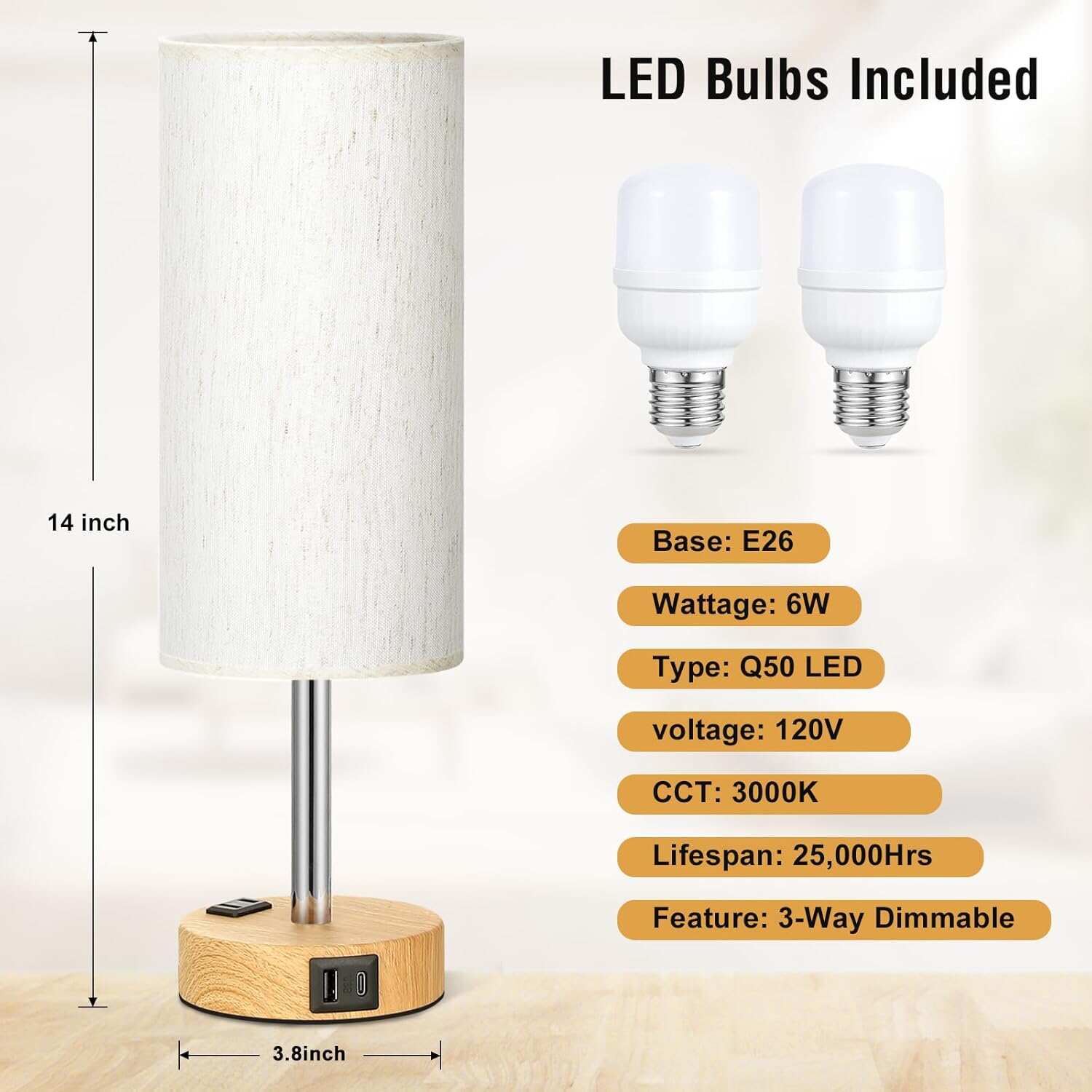 Bedside Table Lamp for Bedroom - 3 Way Dimmable Touch Lamp USB C Charging Ports and AC Outlet, Small Lamp Wood Base Round Flaxen Fabric Shade for Living Room, Desk, LED Bulb Included