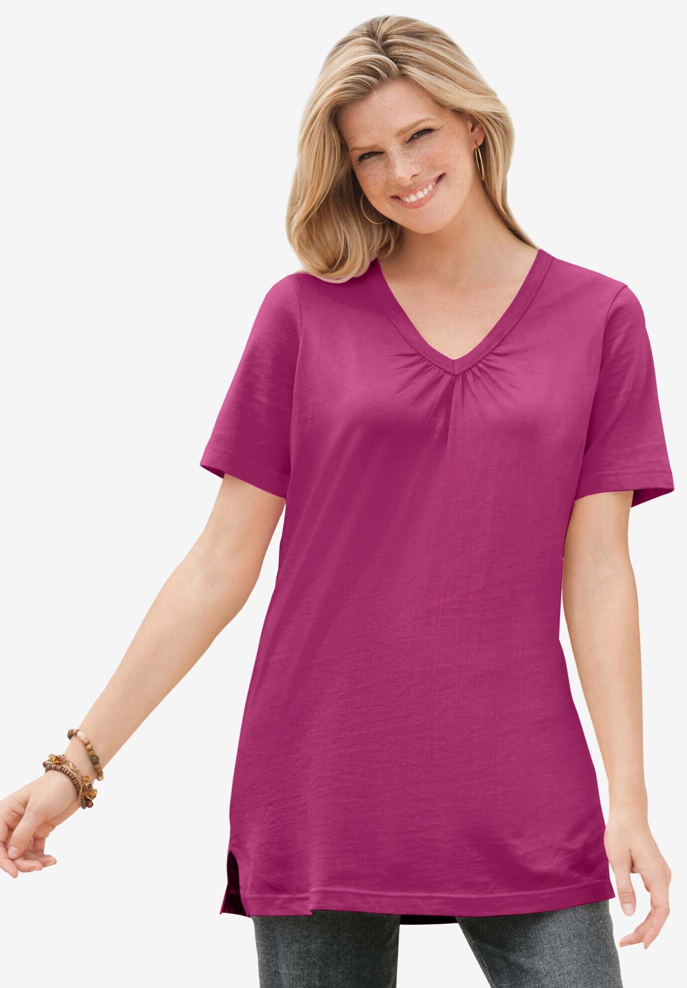 Perfect Short-Sleeve Shirred V-Neck Tunic