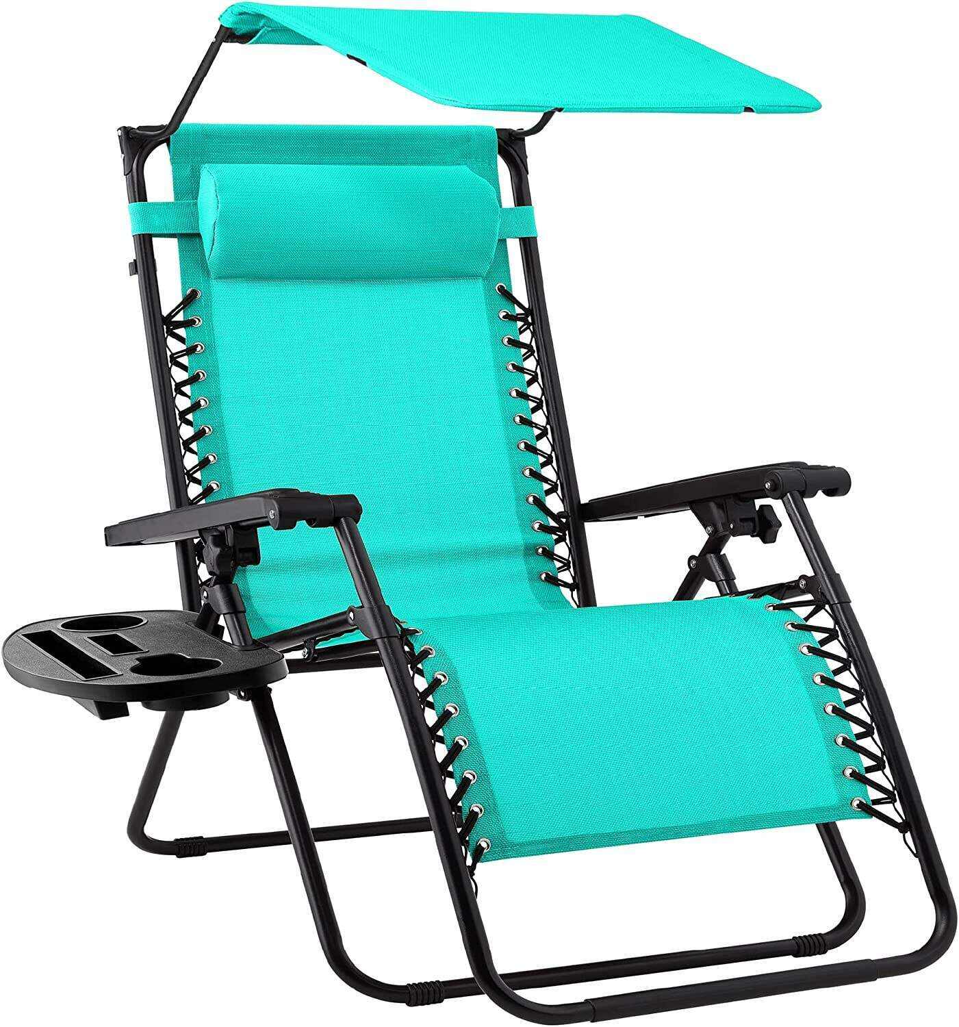 Folding Zero Gravity Outdoor Recliner Patio Lounge Chair w/Adjustable Canopy Shade, Headrest, Side Accessory Tray, Textilene Mesh - Beige