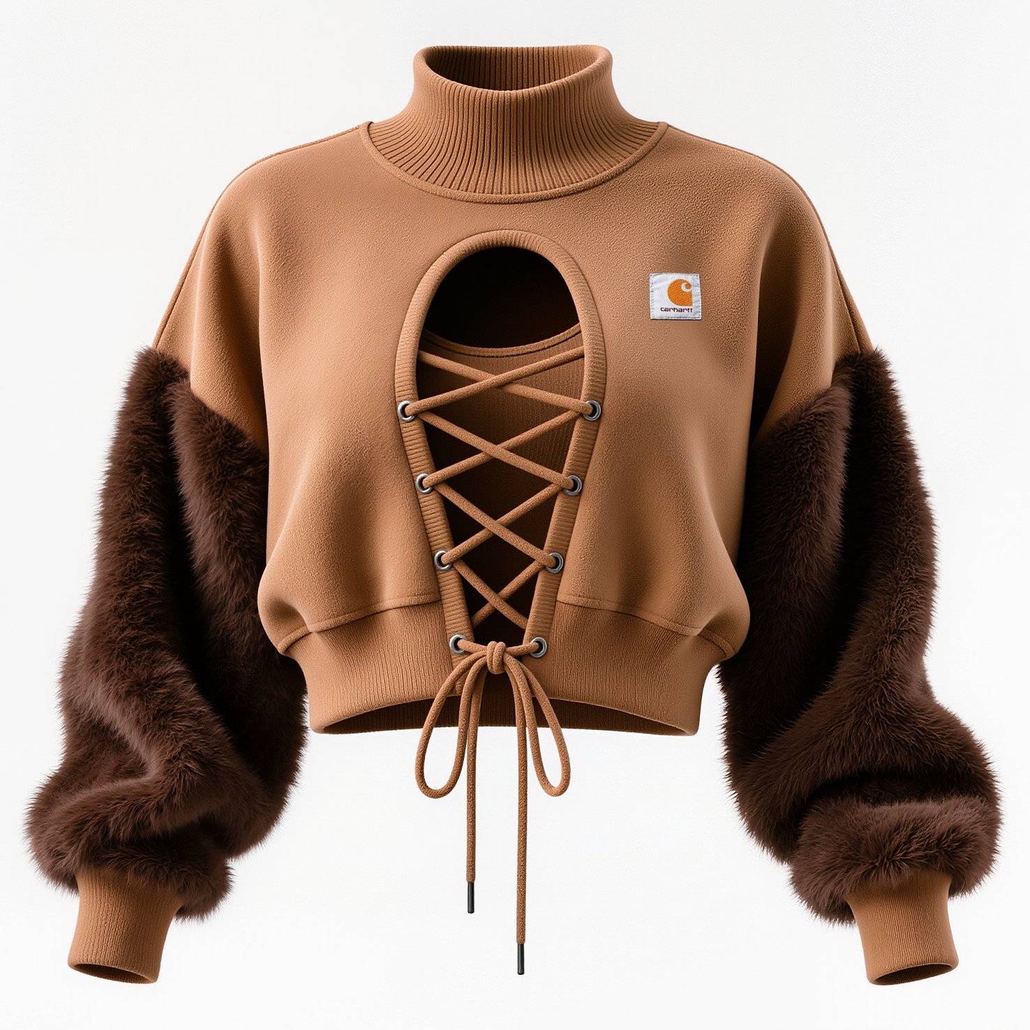 Women's Vintage Brown High-Neck Sweatshirt With Lace-Up Detail And Fur Sleeves