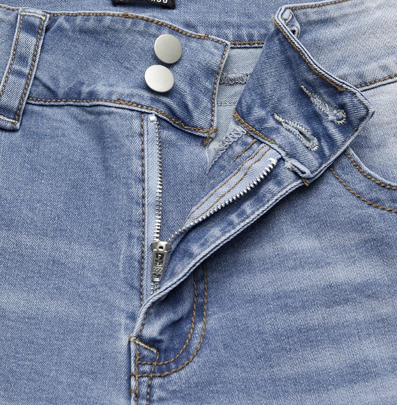 Wash Double Button Flap Pocket Mid Waist Straight Leg Jeans