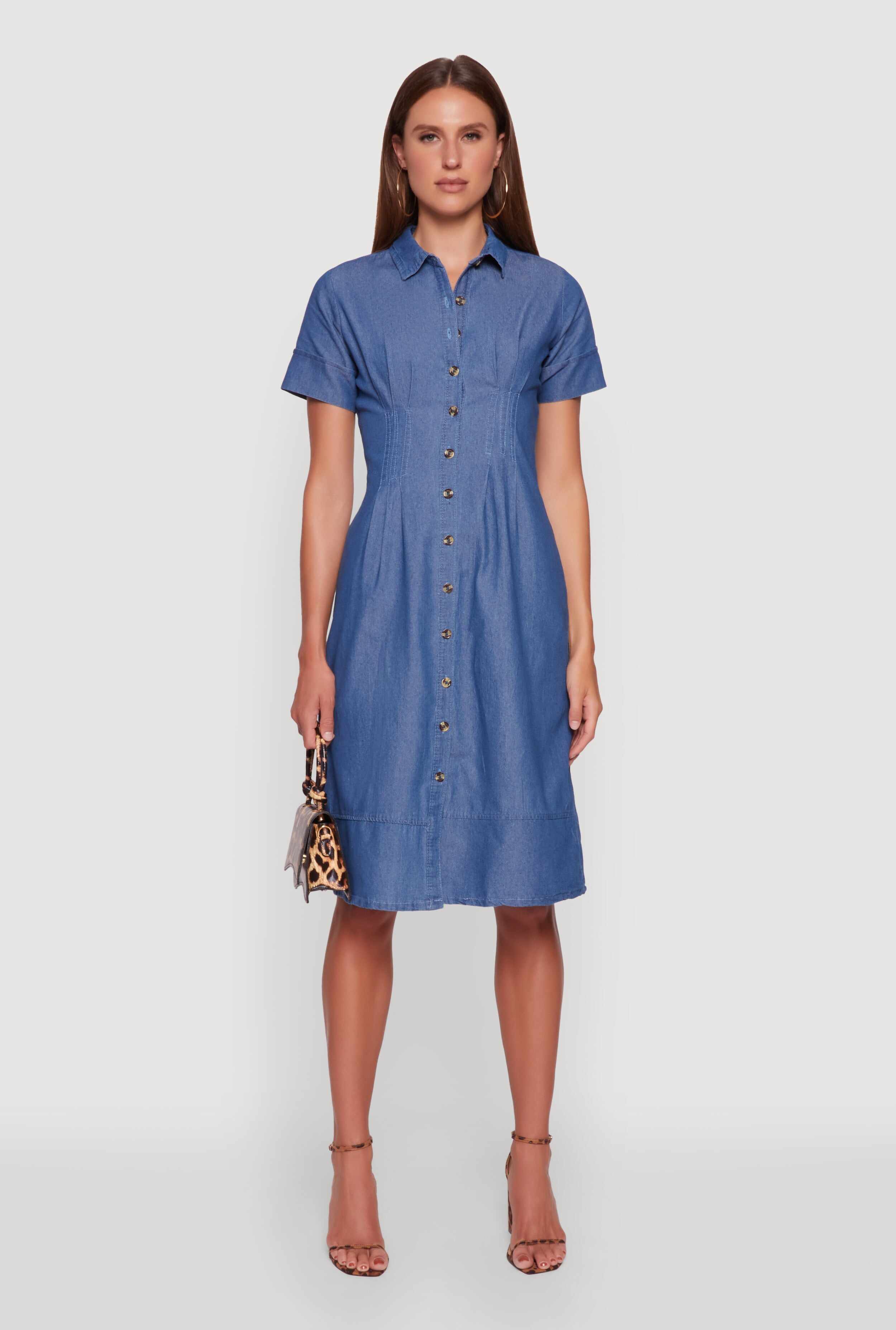 Denim Button Front Midi Shirt Dress