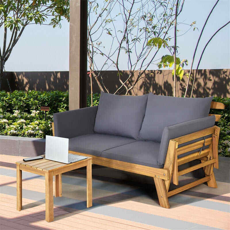 Outdoor Daybed Acacia Wood Convertible Couch Sofa Bed with Adjustable Armrest & Cushion